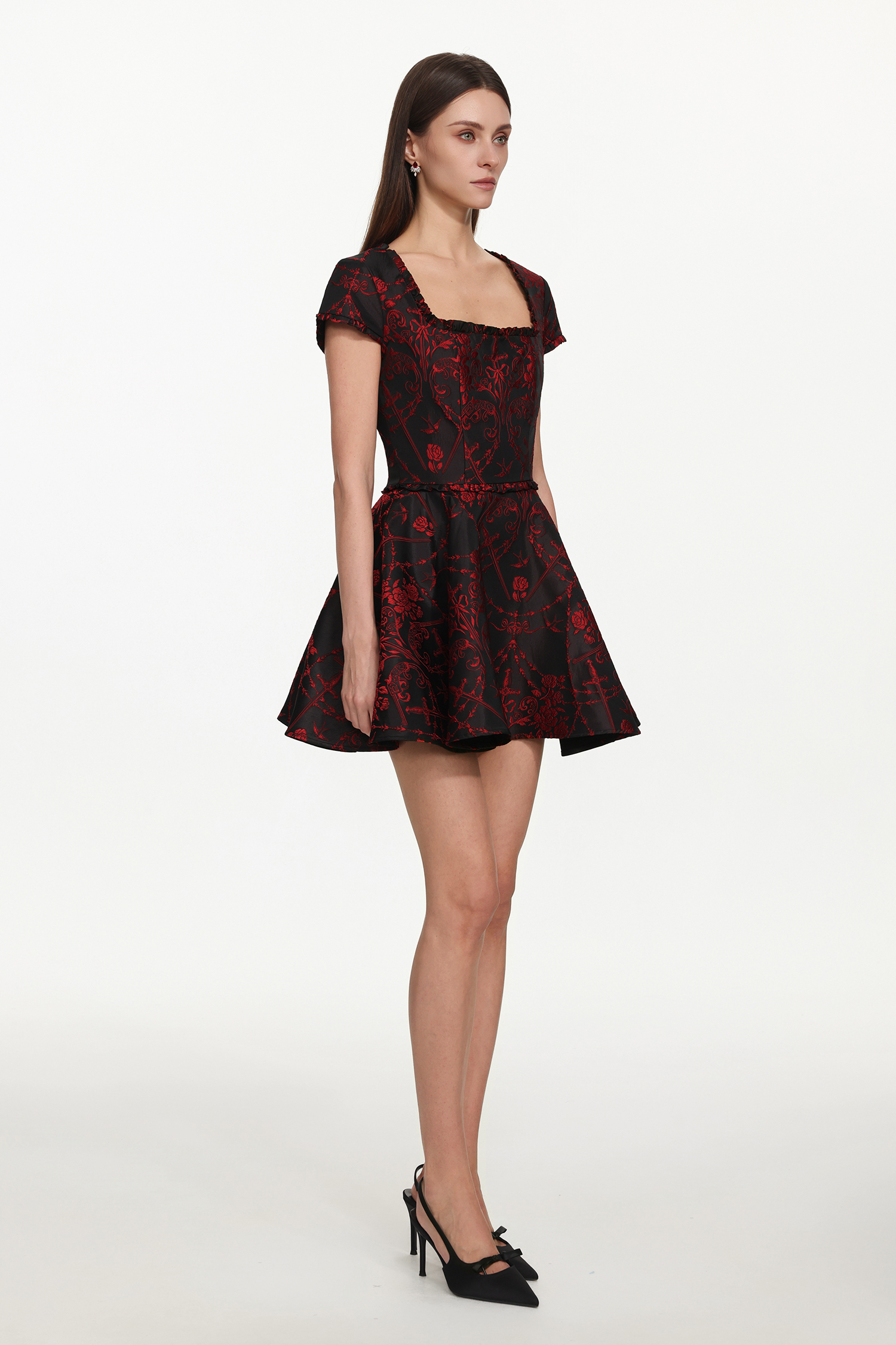 Gail Romantic Tailored Square Neck Short Sleeeve Print Mini Dress
