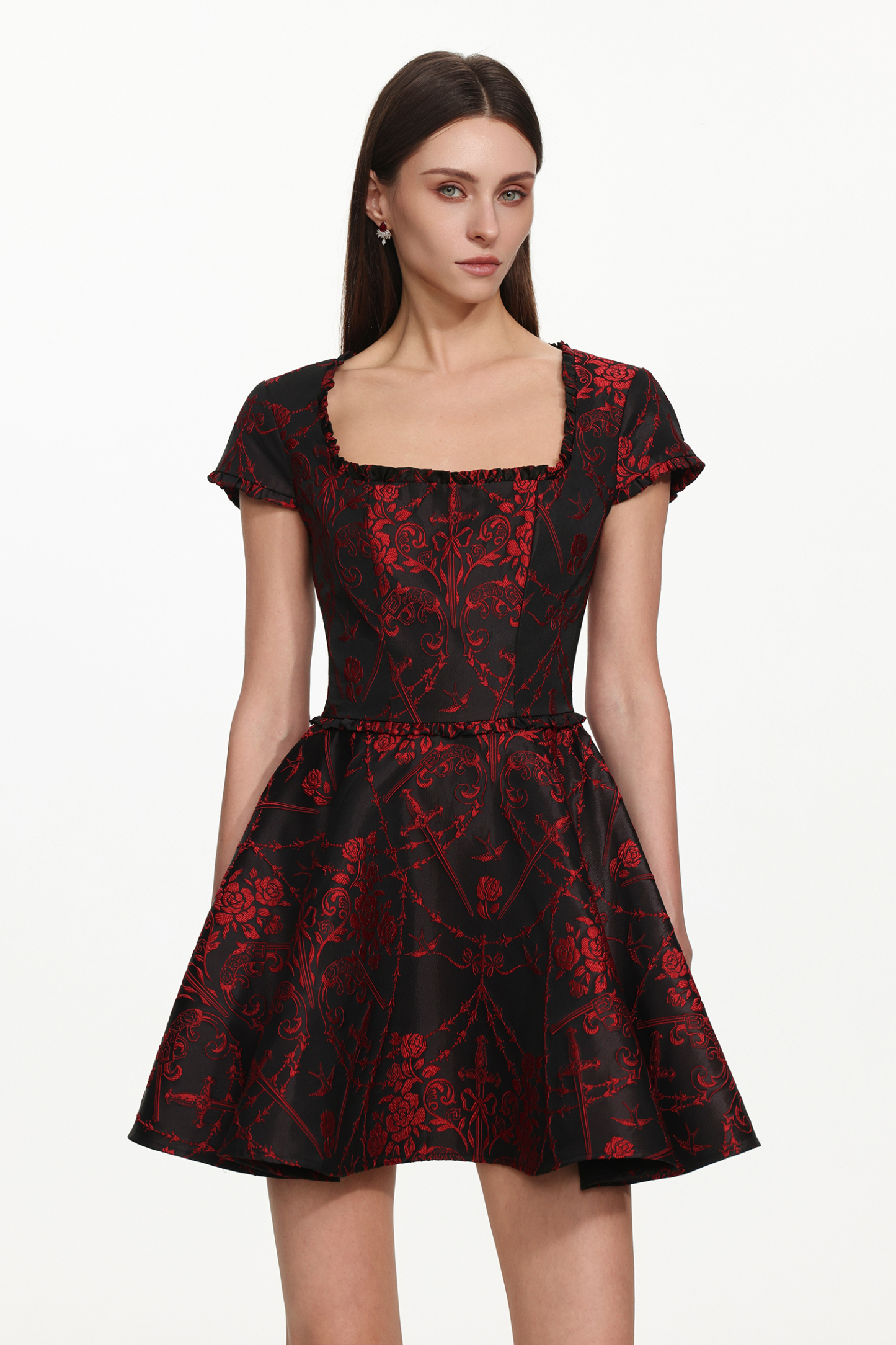 Gail Romantic Tailored Square Neck Short Sleeeve Print Mini Dress