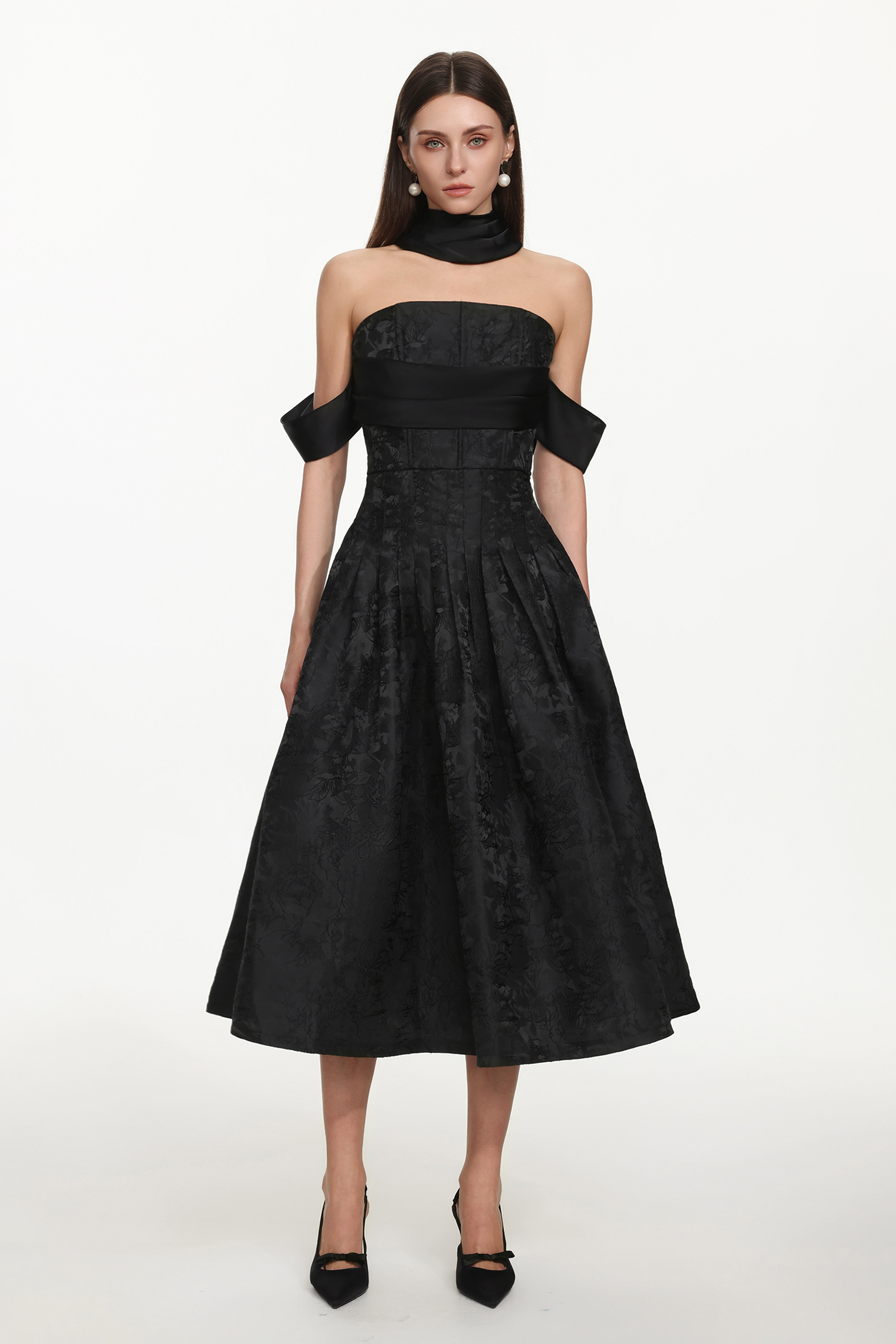 Nancy Elegant Tailored Off Shoulder Pleated Floral Maxi Dress