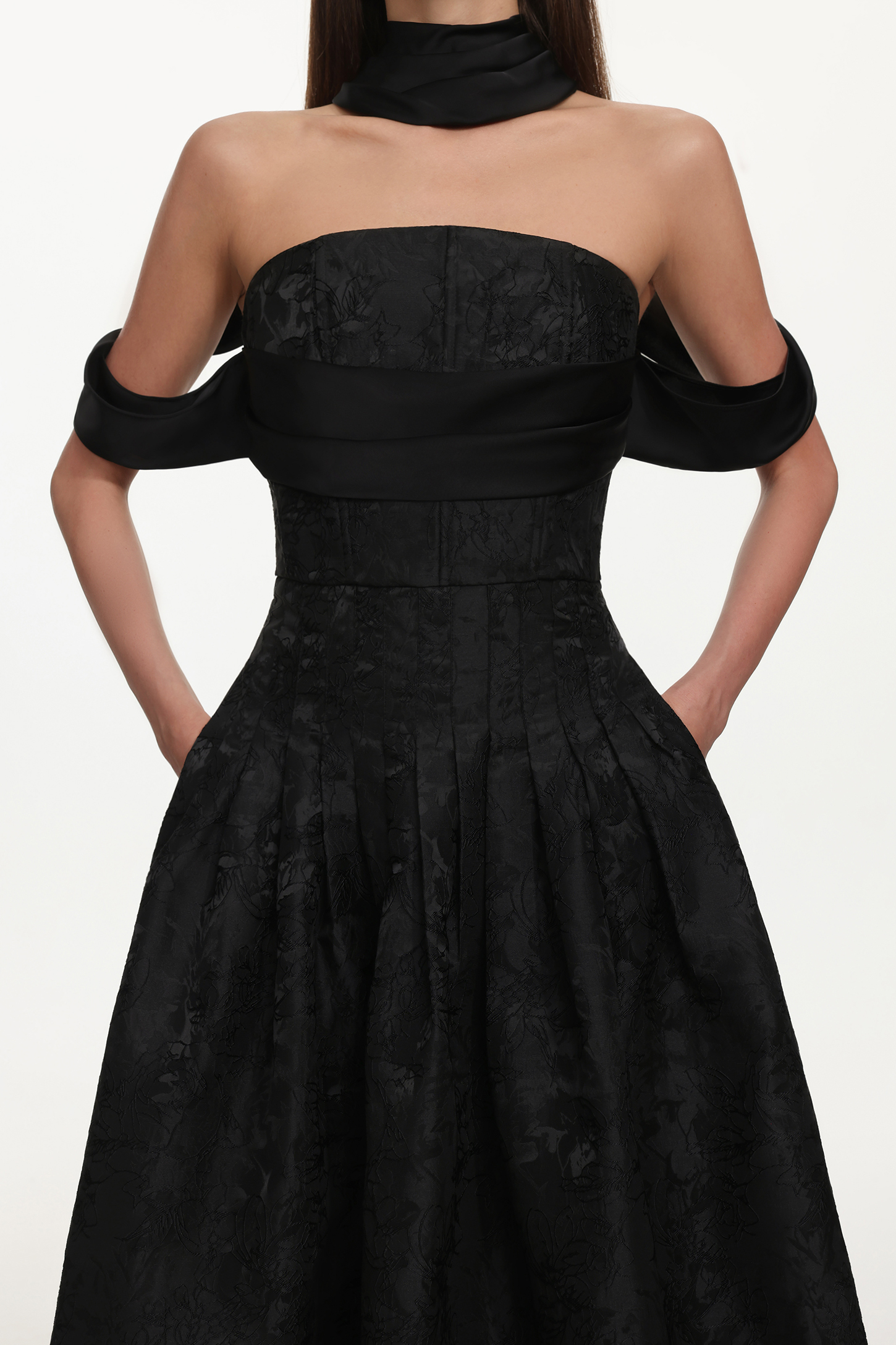 Nancy Elegant Tailored Off Shoulder Pleated Floral Maxi Dress