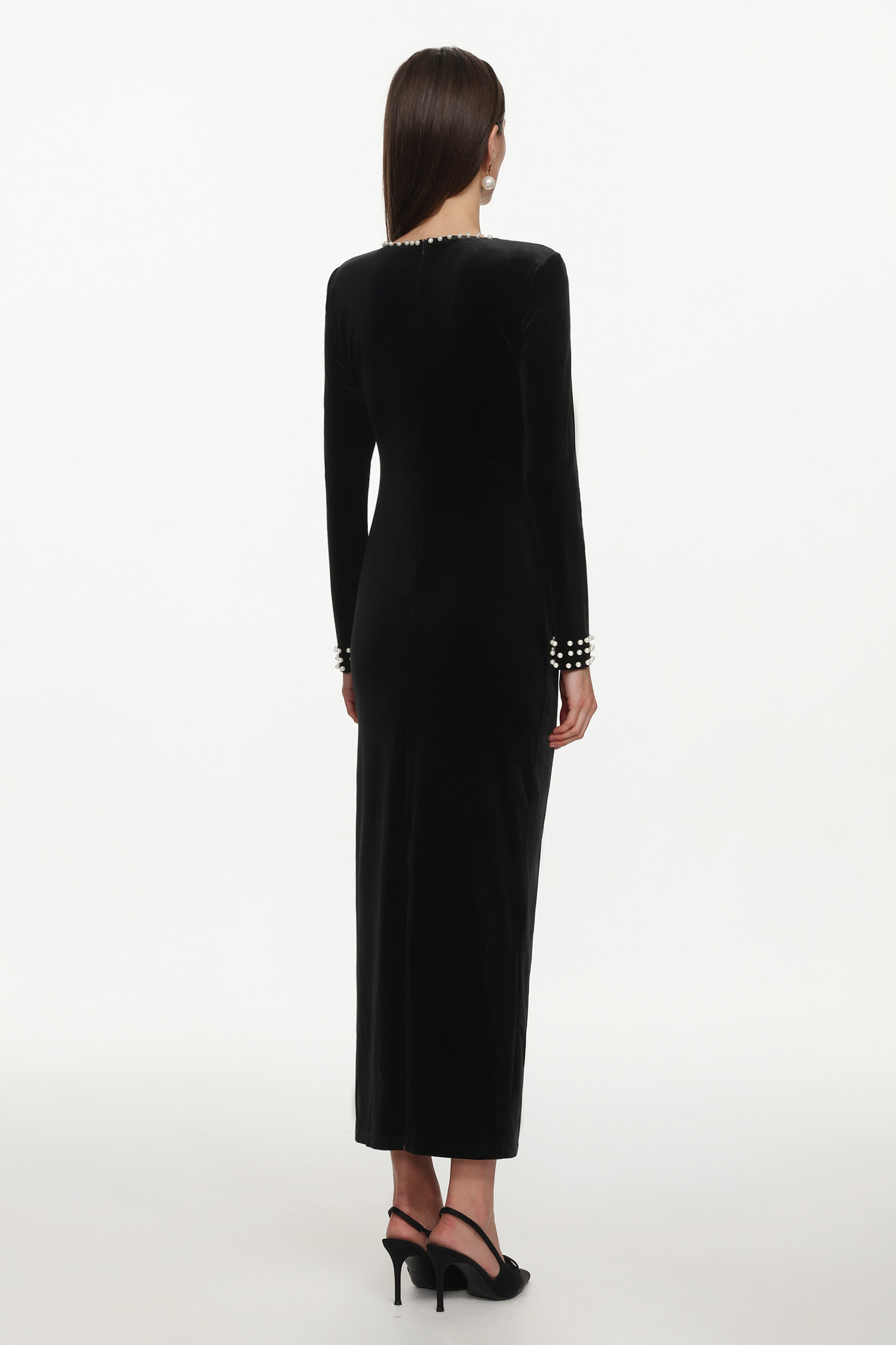 Omega Classic Contour Long Sleeve Cut Out Pearl Velvet Maxi Dress