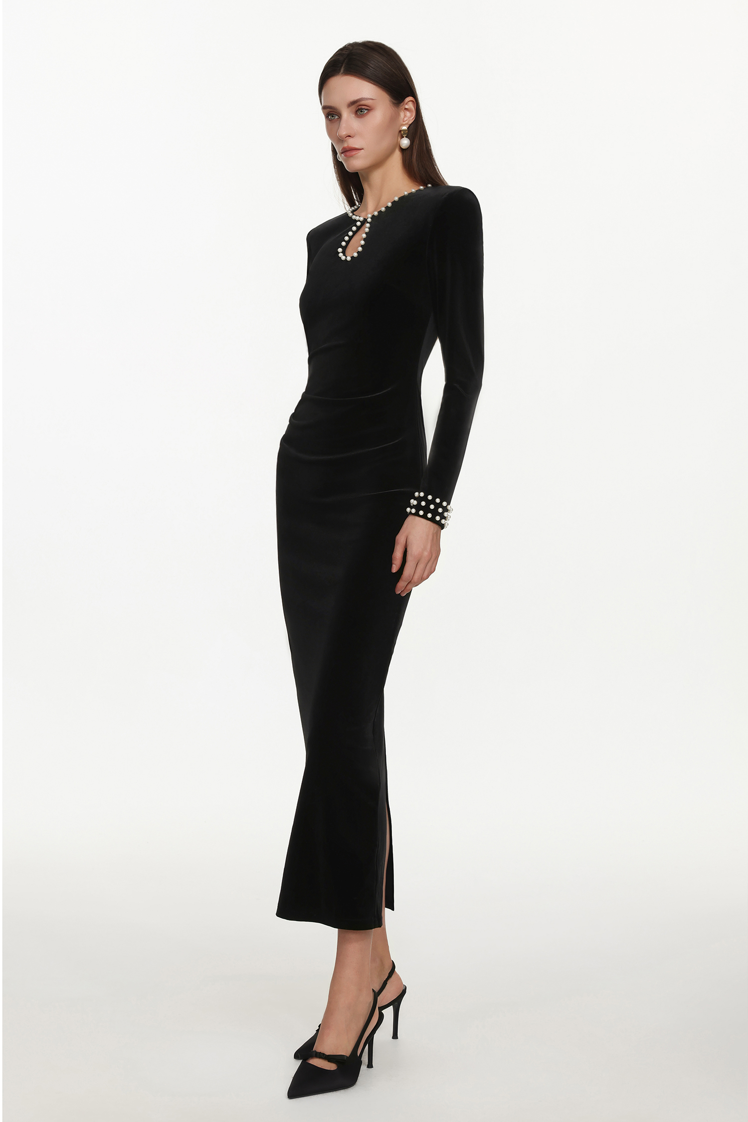 Omega Classic Contour Long Sleeve Cut Out Pearl Velvet Maxi Dress