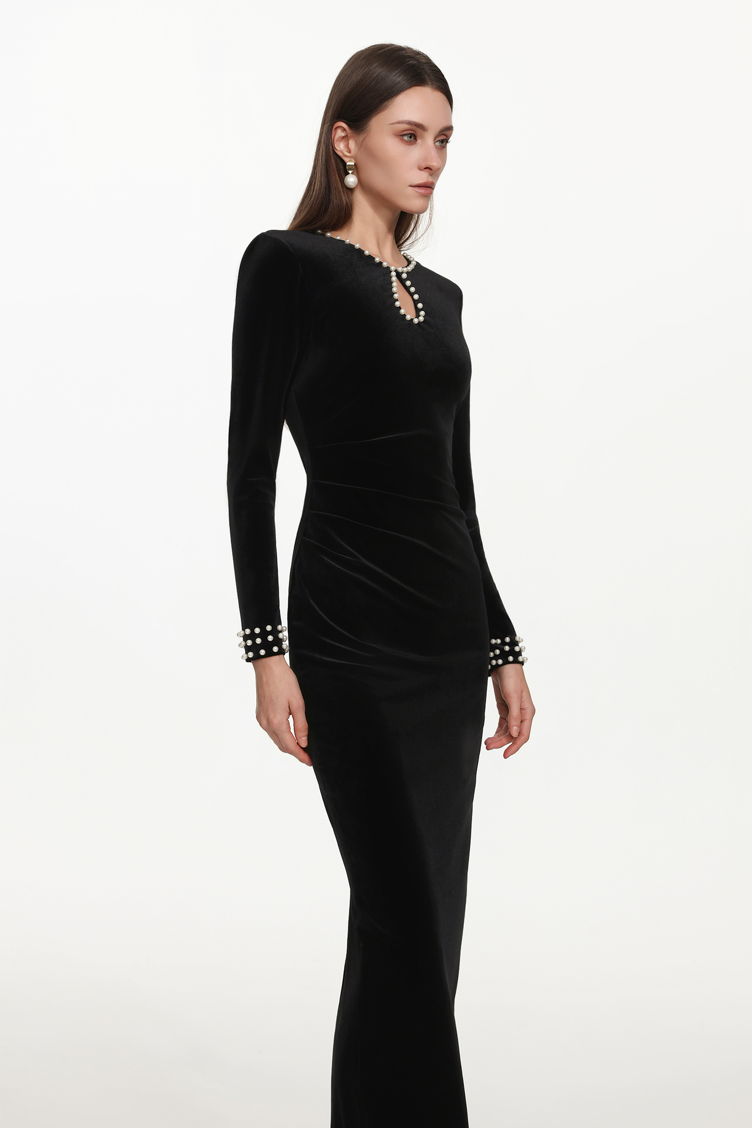 Omega Classic Contour Long Sleeve Cut Out Pearl Velvet Maxi Dress