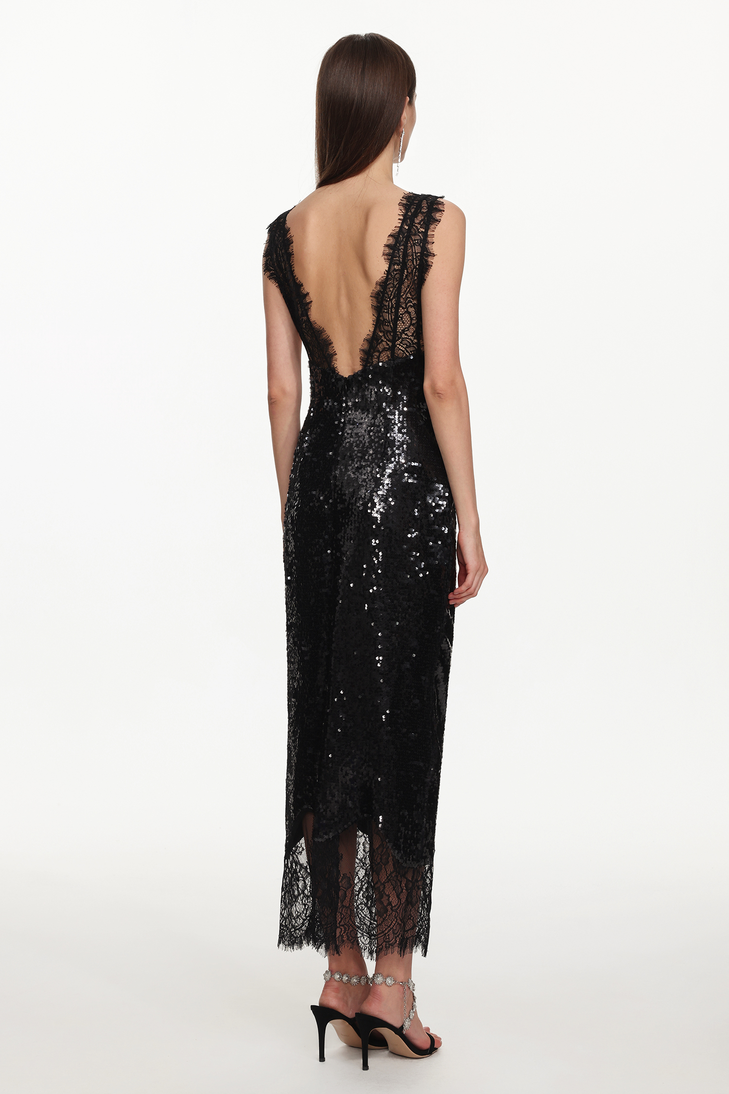 Zurri Sexy Contour V Neck Sleeveless Lace Sequin Maxi Dress