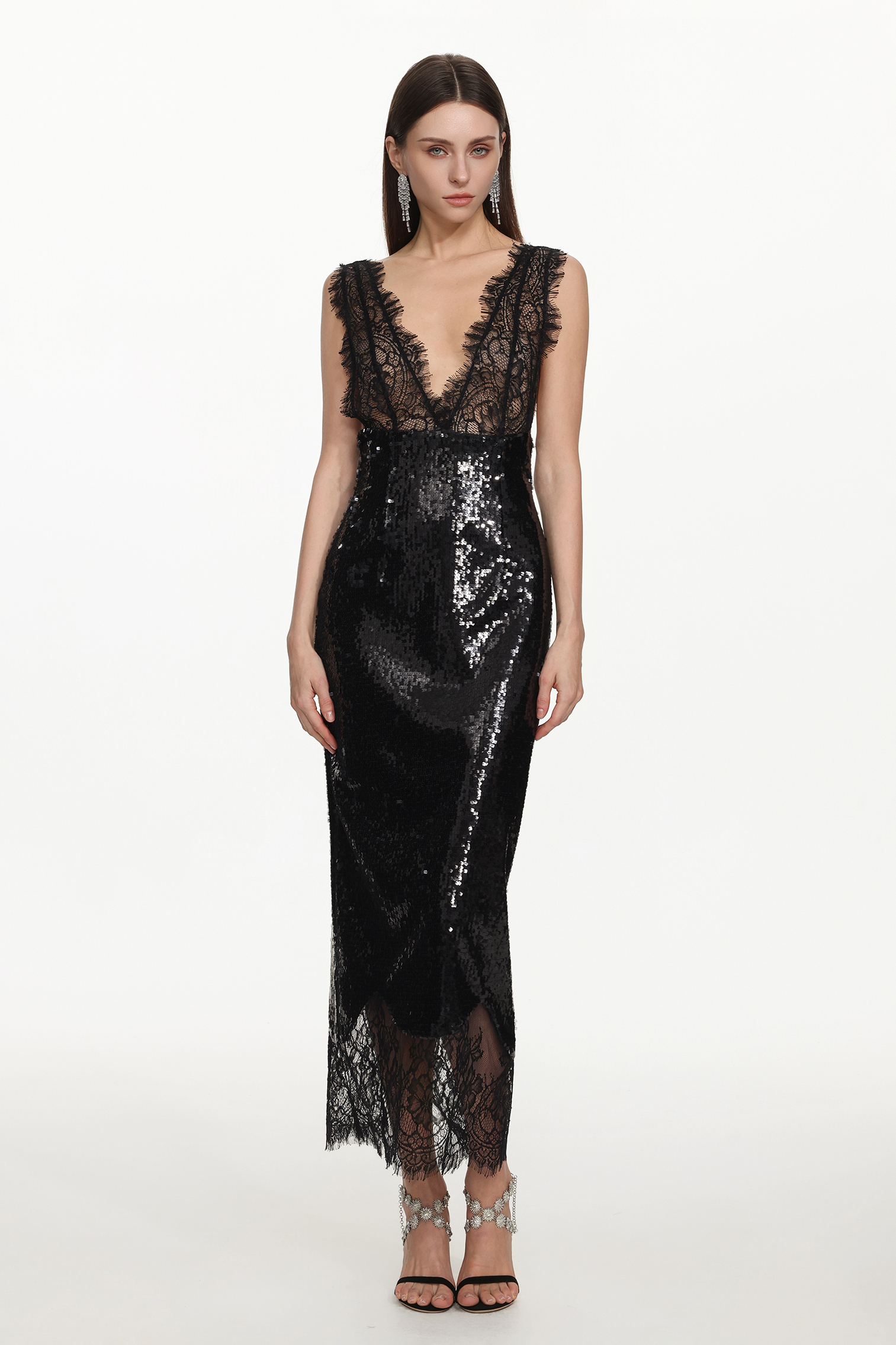 Zurri Sexy Contour V Neck Sleeveless Lace Sequin Maxi Dress