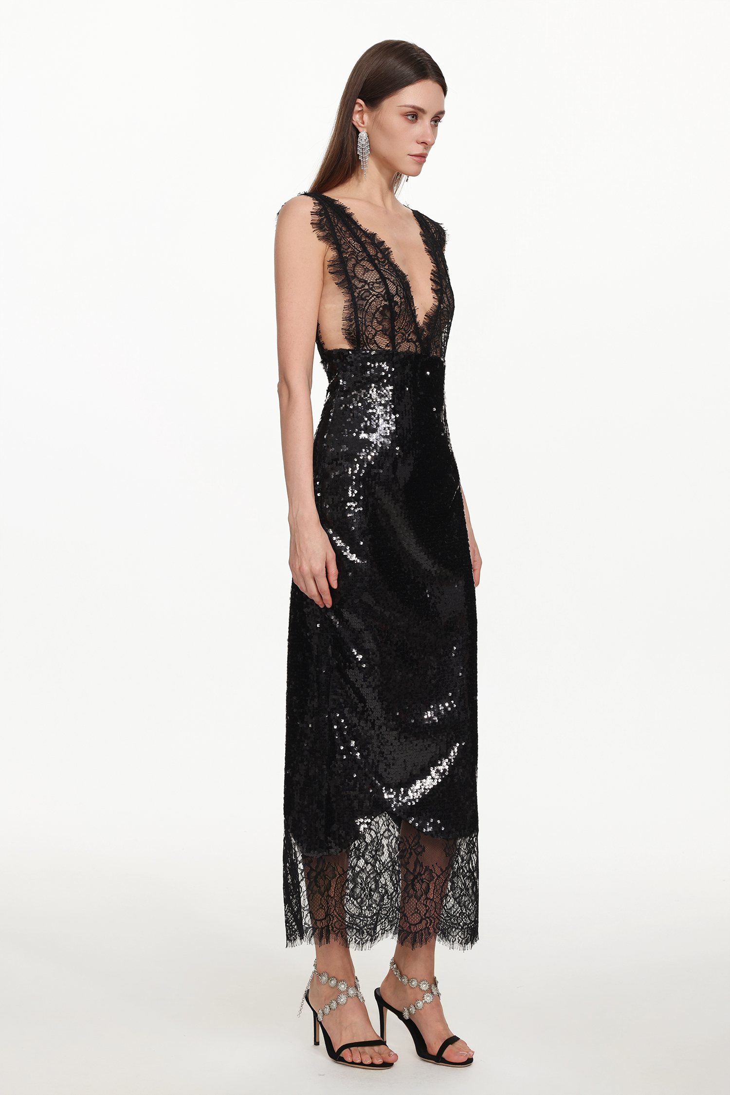 Zurri Sexy Contour V Neck Sleeveless Lace Sequin Maxi Dress