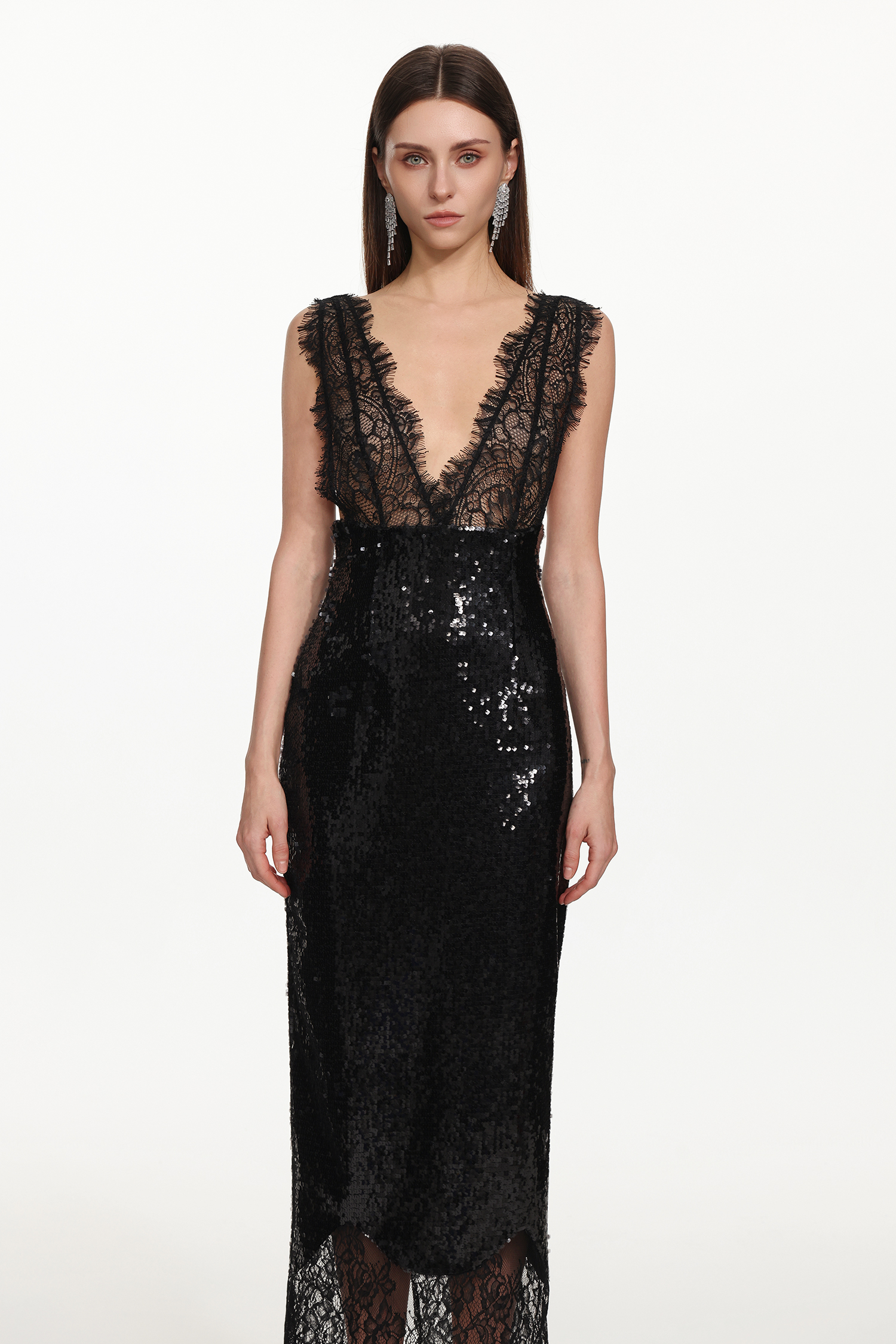 Zurri Sexy Contour V Neck Sleeveless Lace Sequin Maxi Dress