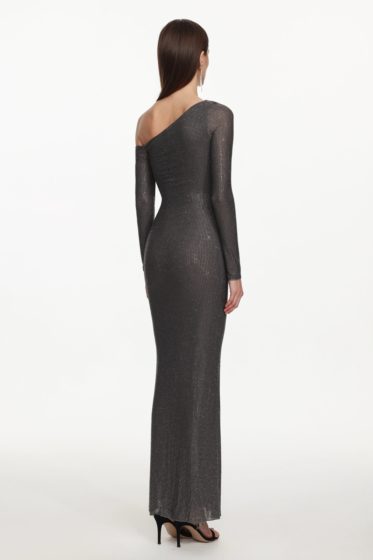 Taliyah Chic Contour One Shoulder Long Sleeve Crystal Maxi Dress