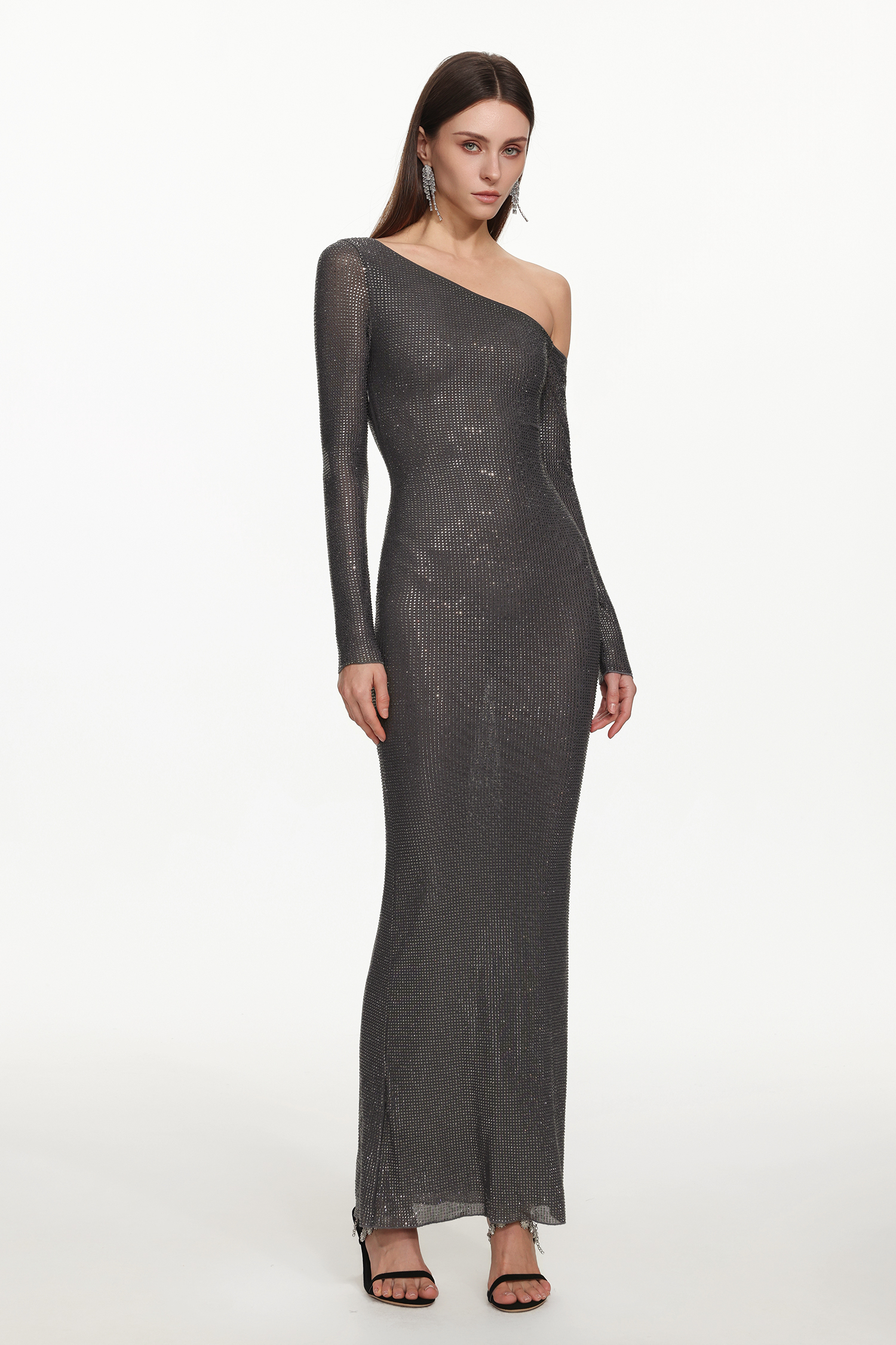 Taliyah Chic Contour One Shoulder Long Sleeve Crystal Maxi Dress