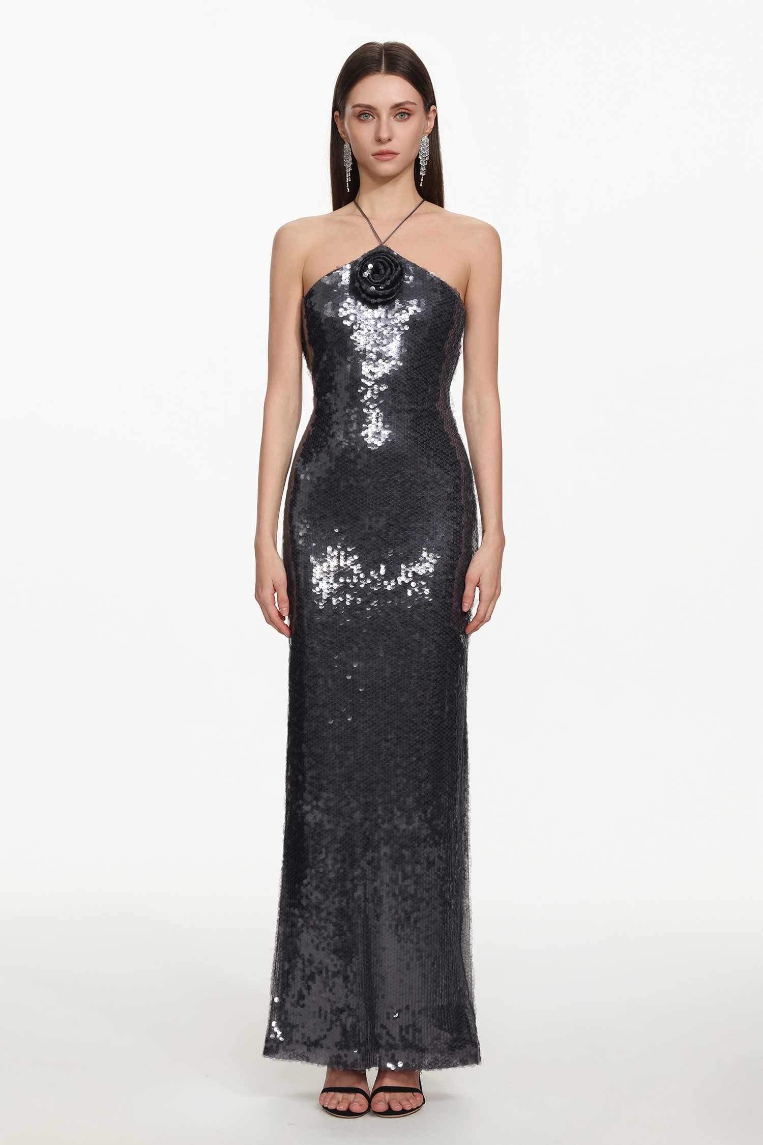 Tana Chic Contour Halter Floral Sequin Maxi Dress