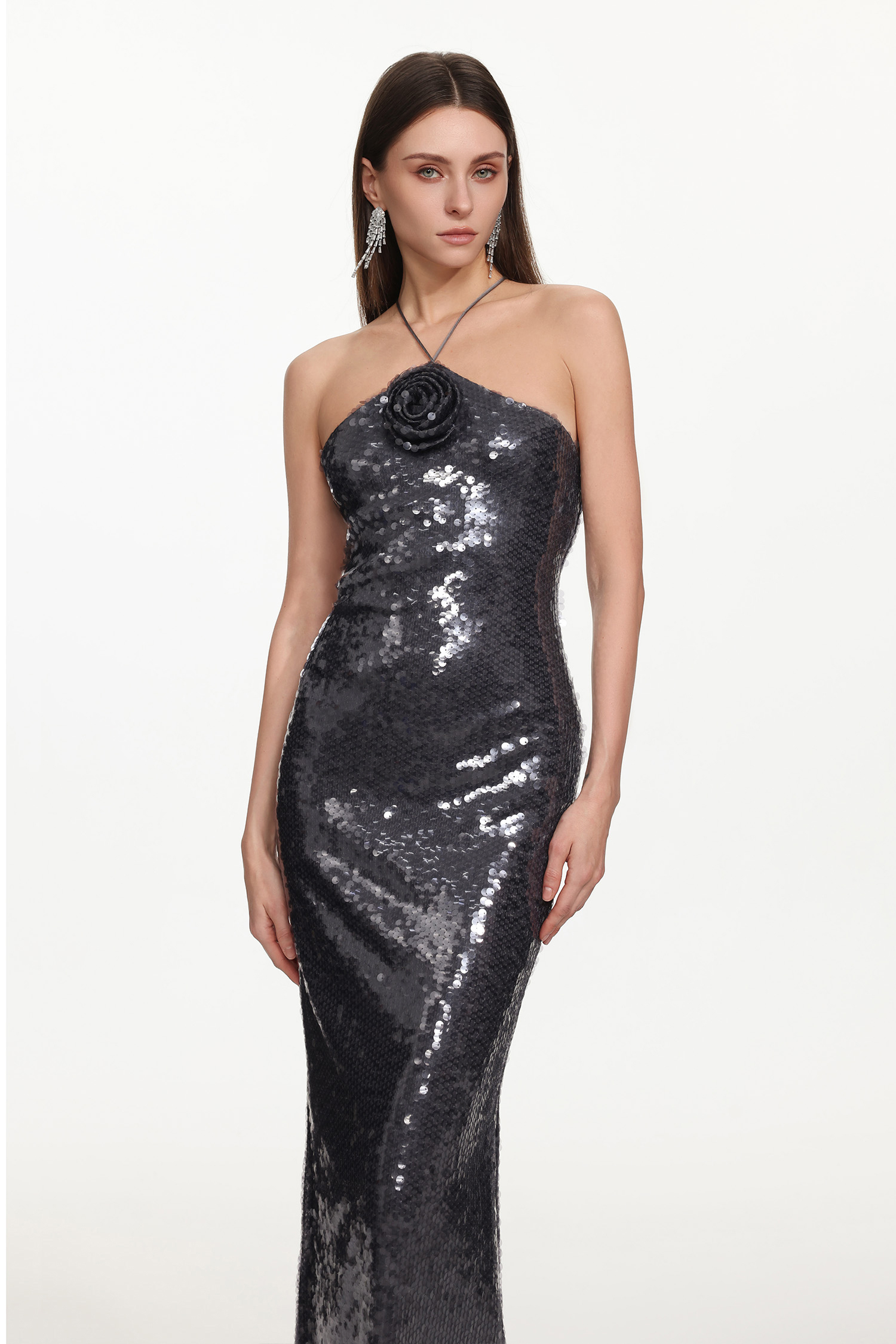 Tana Chic Contour Halter Floral Sequin Maxi Dress