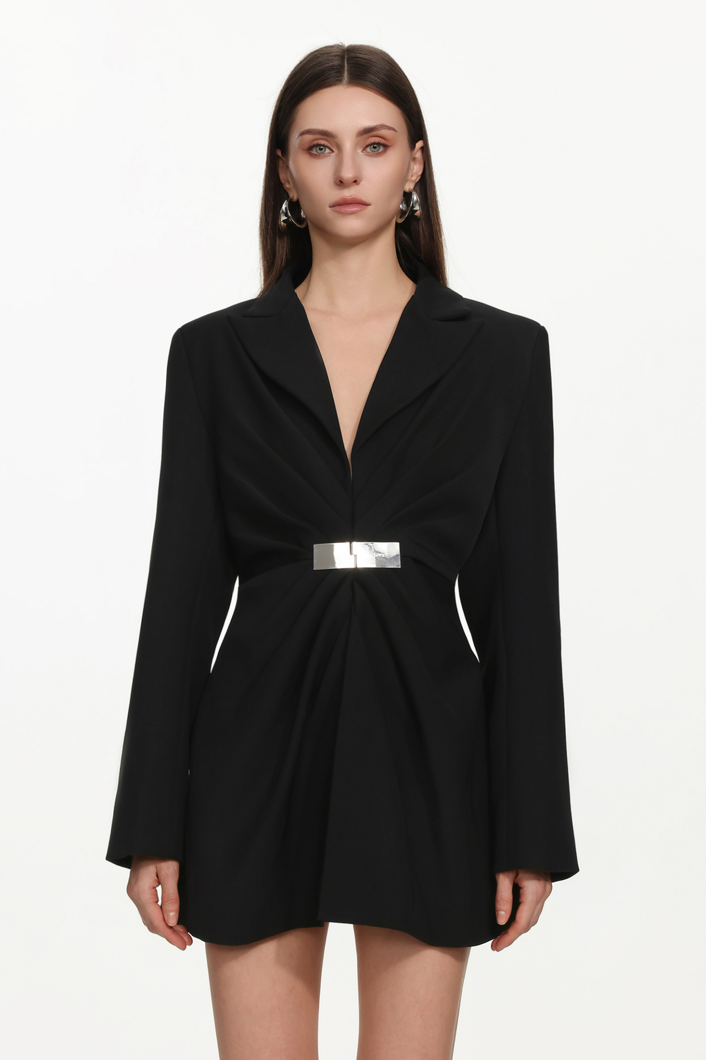 Kaia Chic Tailored Long Sleeve Pleated Metal Buckle Blazer