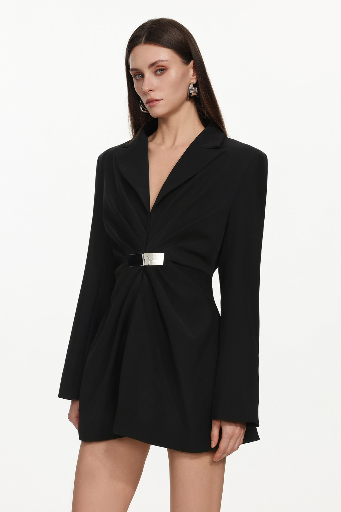 Kaia Chic Tailored Long Sleeve Pleated Metal Buckle Blazer