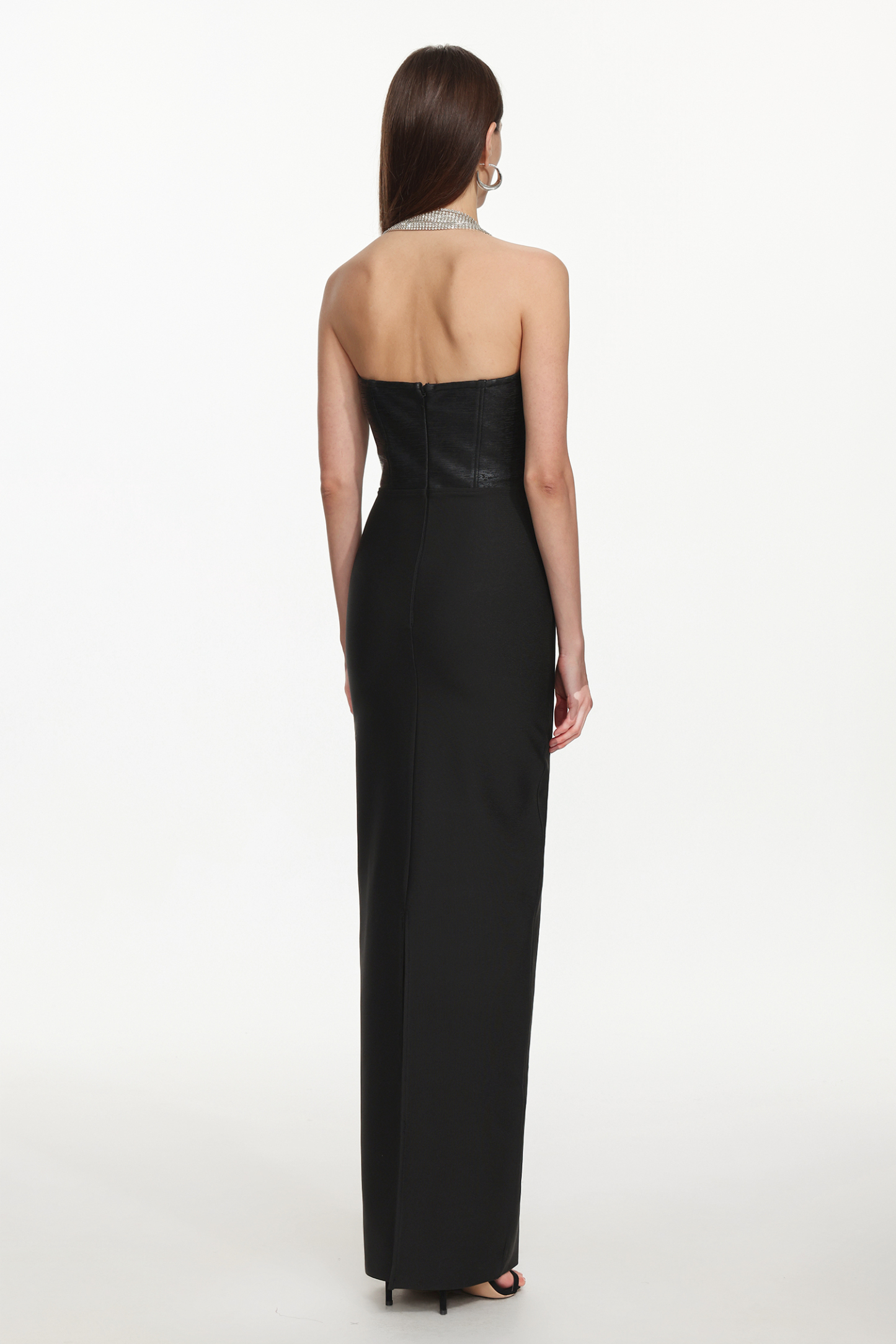 Fero Chic Contour One Shoulder Metal Fringe Bandage Maxi Dress