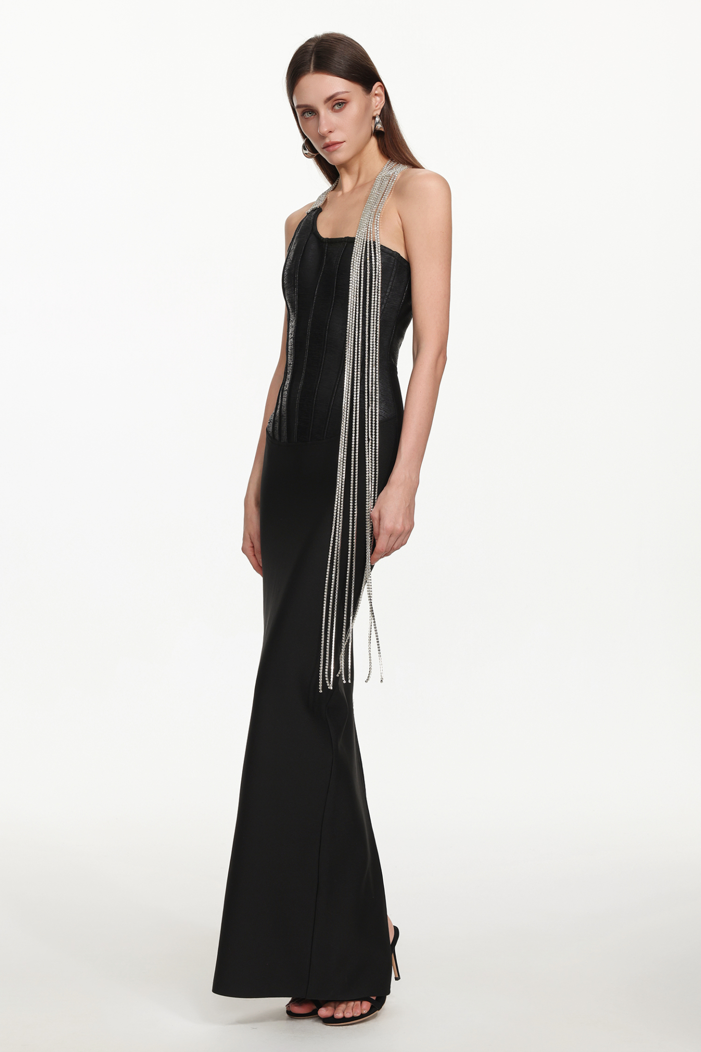 Fero Chic Contour One Shoulder Metal Fringe Bandage Maxi Dress