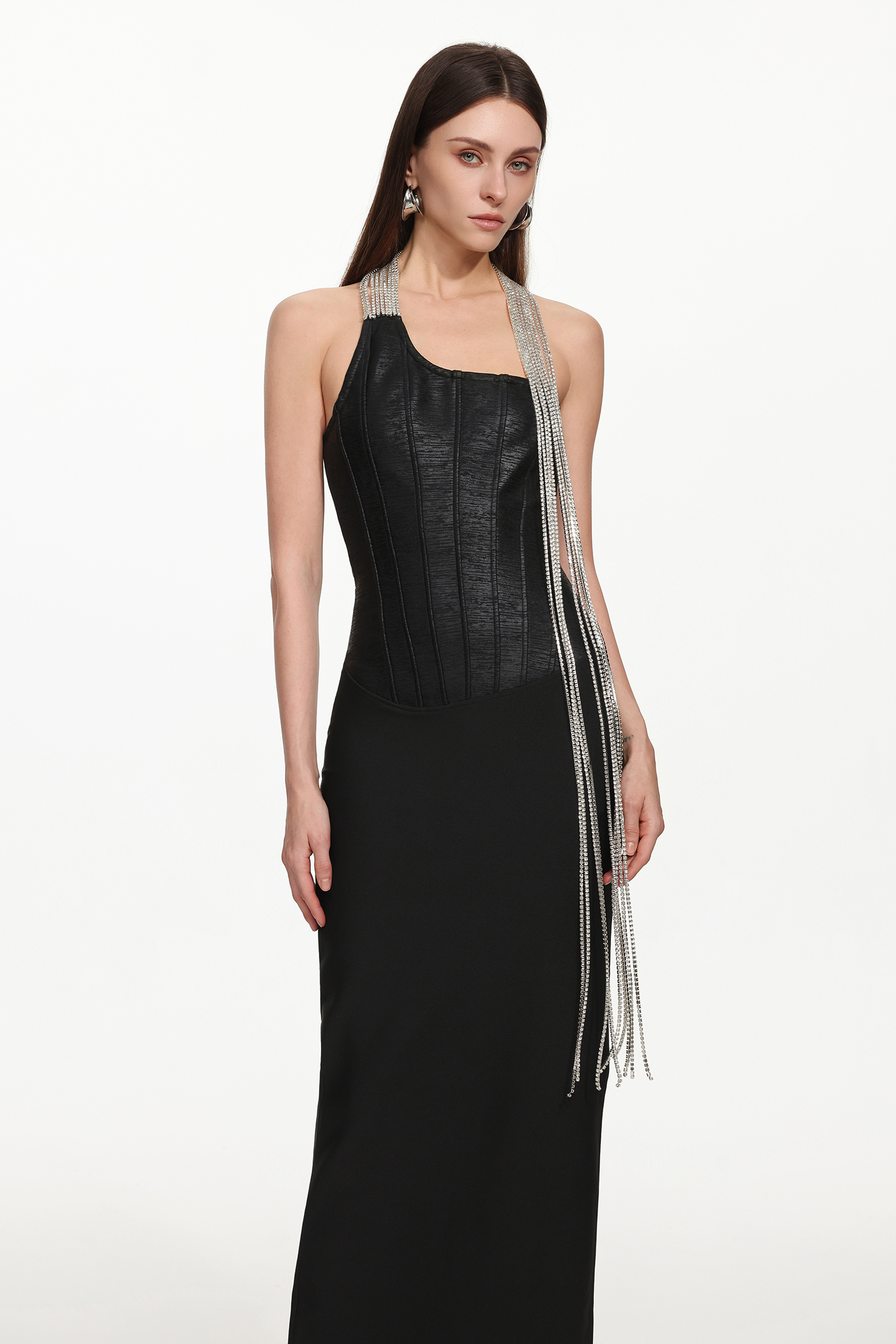 Fero Chic Contour One Shoulder Metal Fringe Bandage Maxi Dress