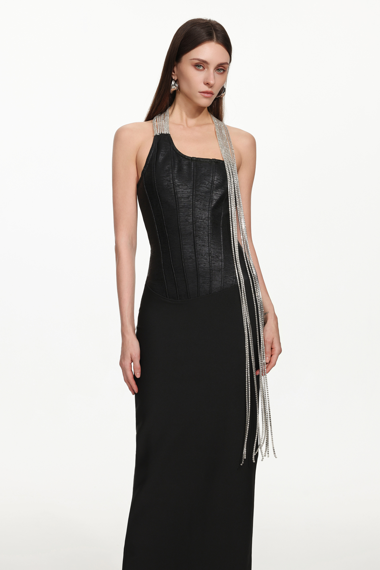 Fero Chic Contour One Shoulder Metal Fringe Bandage Maxi Dress