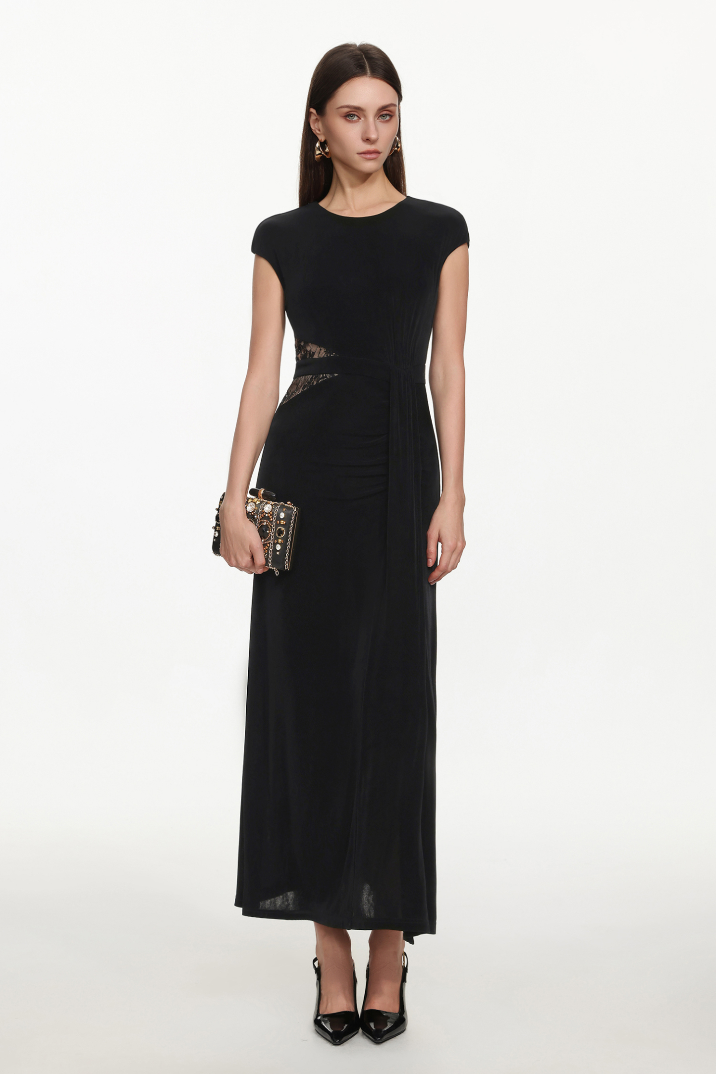 Viaua Chic Contour Sleeveless Cut Out Lace Knit Maxi Dress