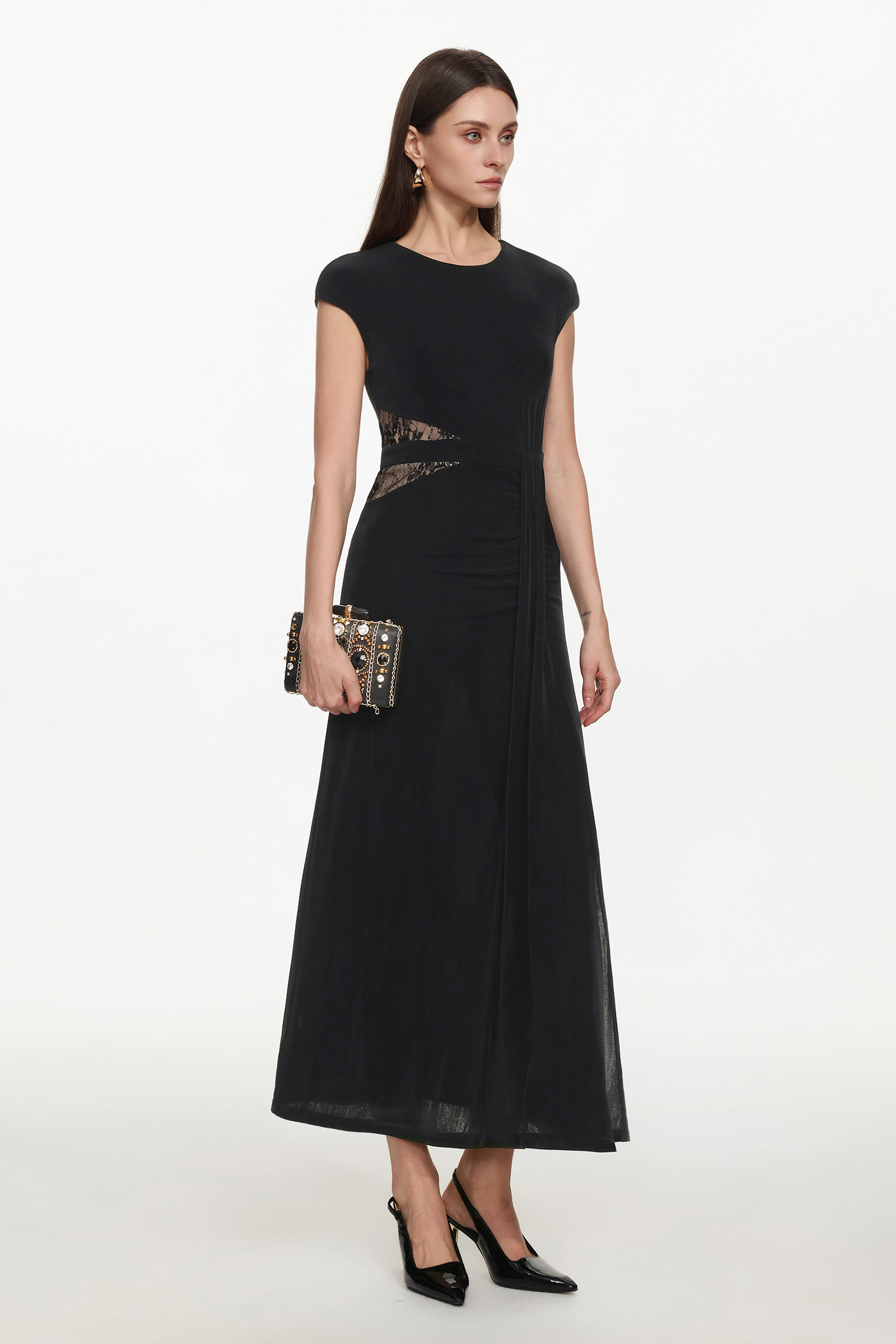 Viaua Chic Contour Sleeveless Cut Out Lace Knit Maxi Dress