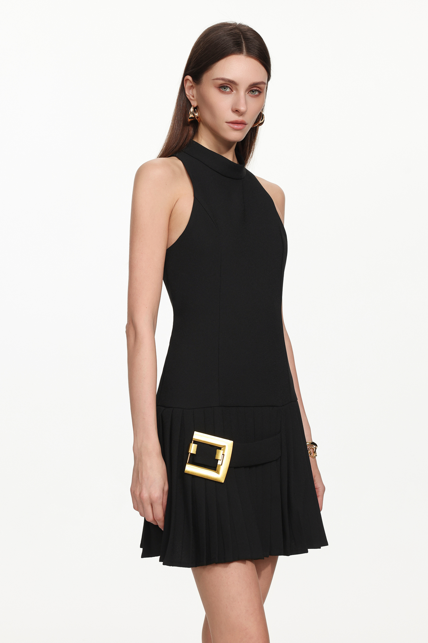 Noma Chic Tailored Halter Sleeveless Pleated Belted Mini Dress