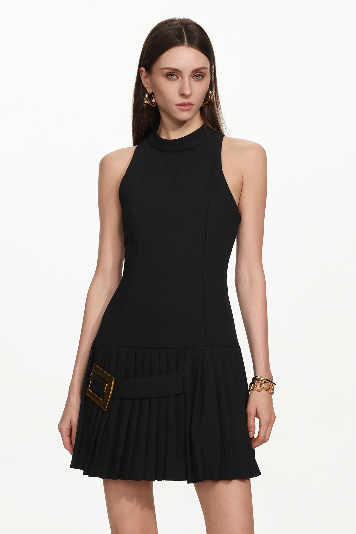 Noma Chic Tailored Halter Sleeveless Pleated Belted Mini Dress