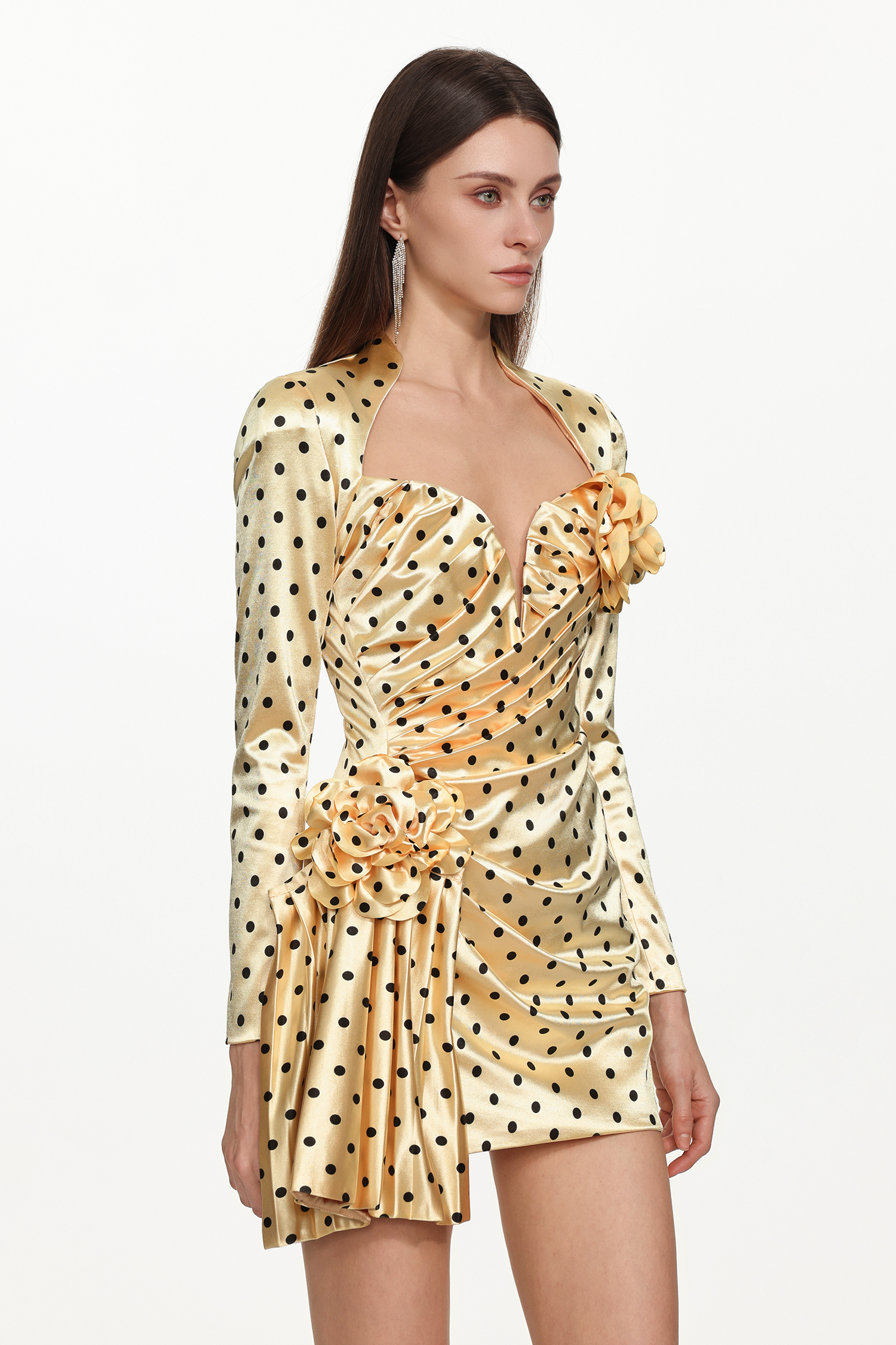Ridia Romantic Tailored Long Sleeve Pleated Polka Dot Floral Mini Dress