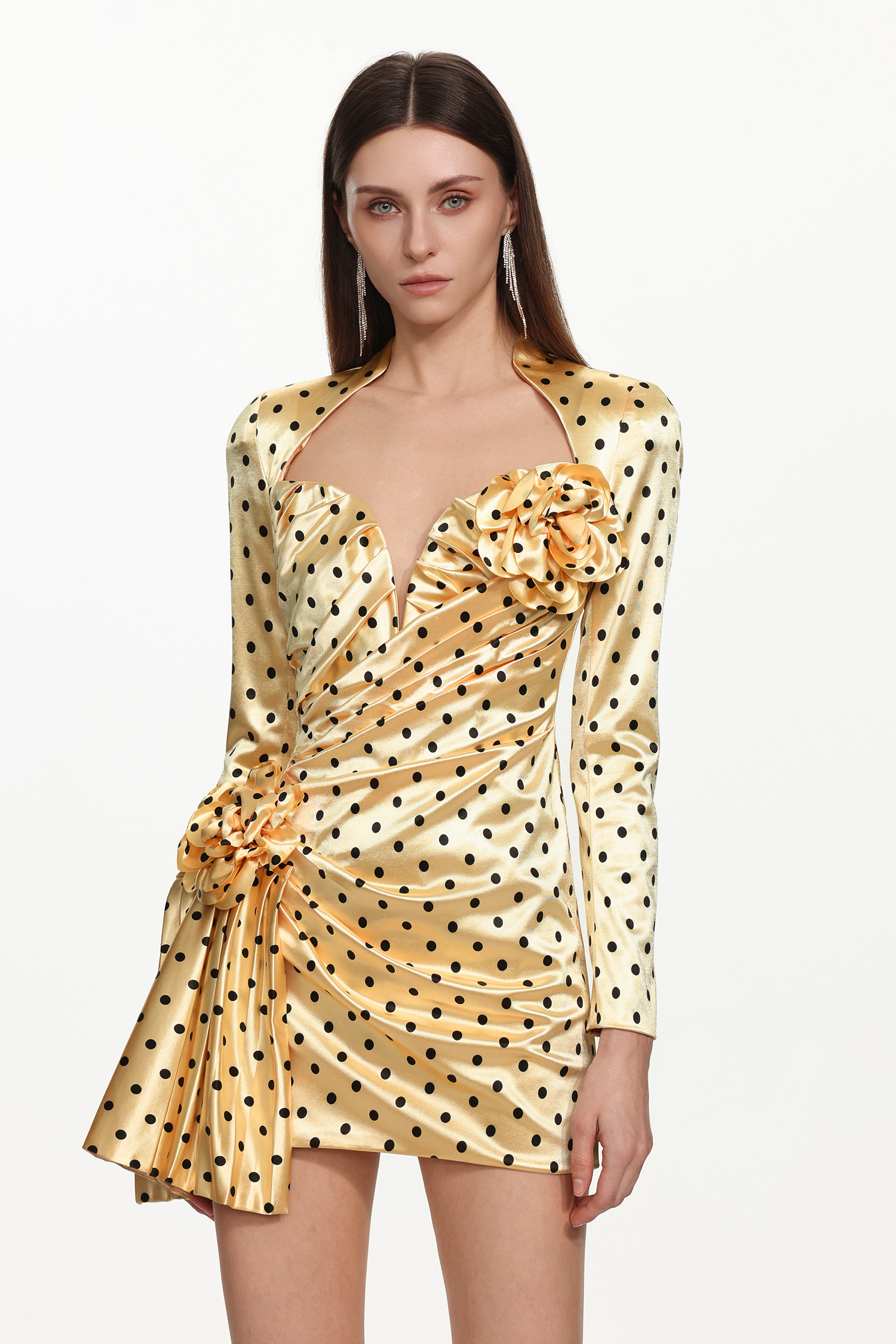 Ridia Romantic Tailored Long Sleeve Pleated Polka Dot Floral Mini Dress