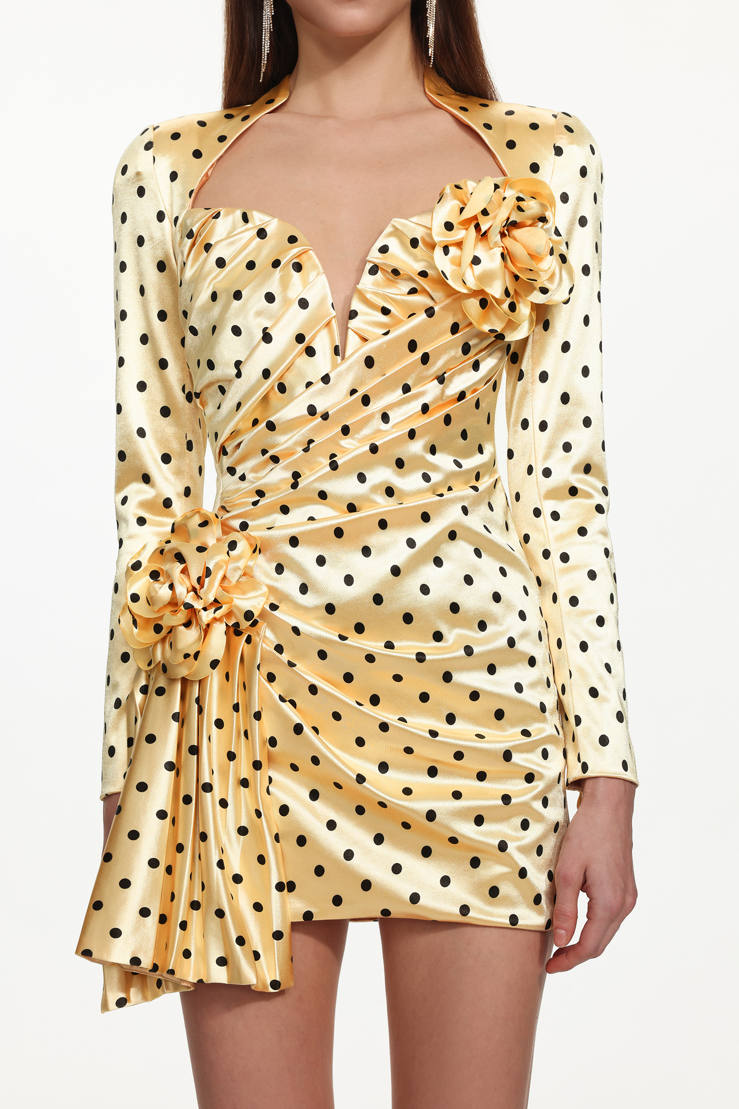 Ridia Romantic Tailored Long Sleeve Pleated Polka Dot Floral Mini Dress