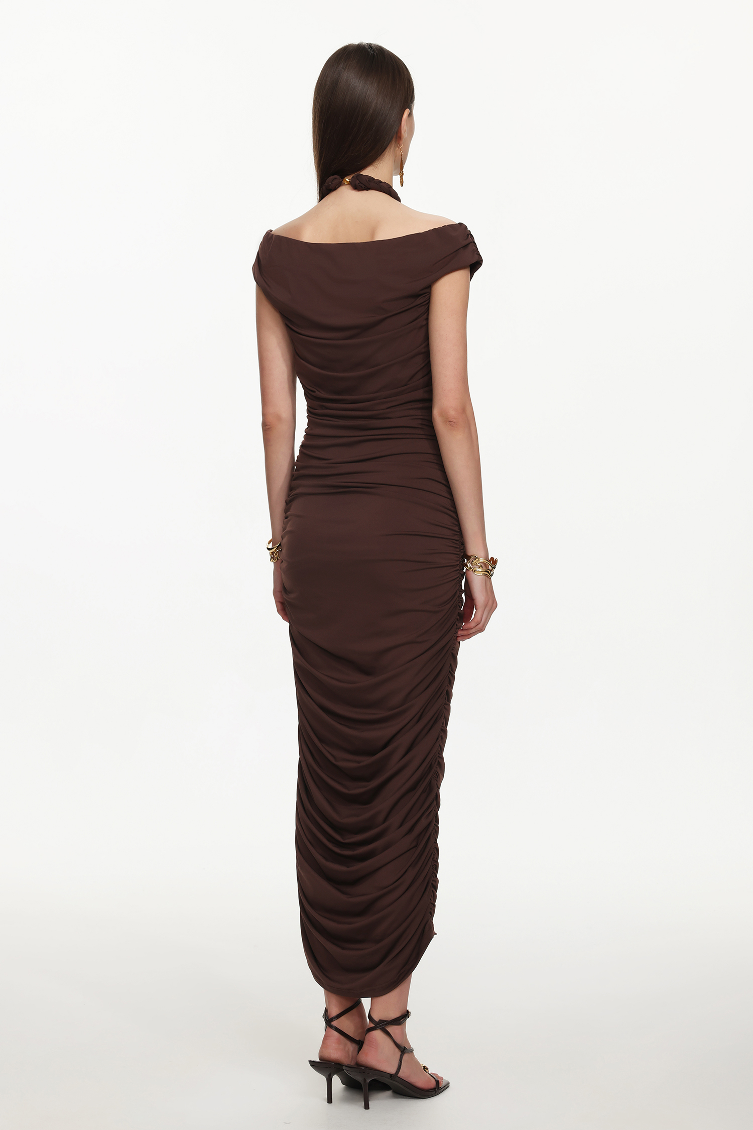 Devere Elegant Contour Sleeveless Ruched Knit Brown Maxi Dress