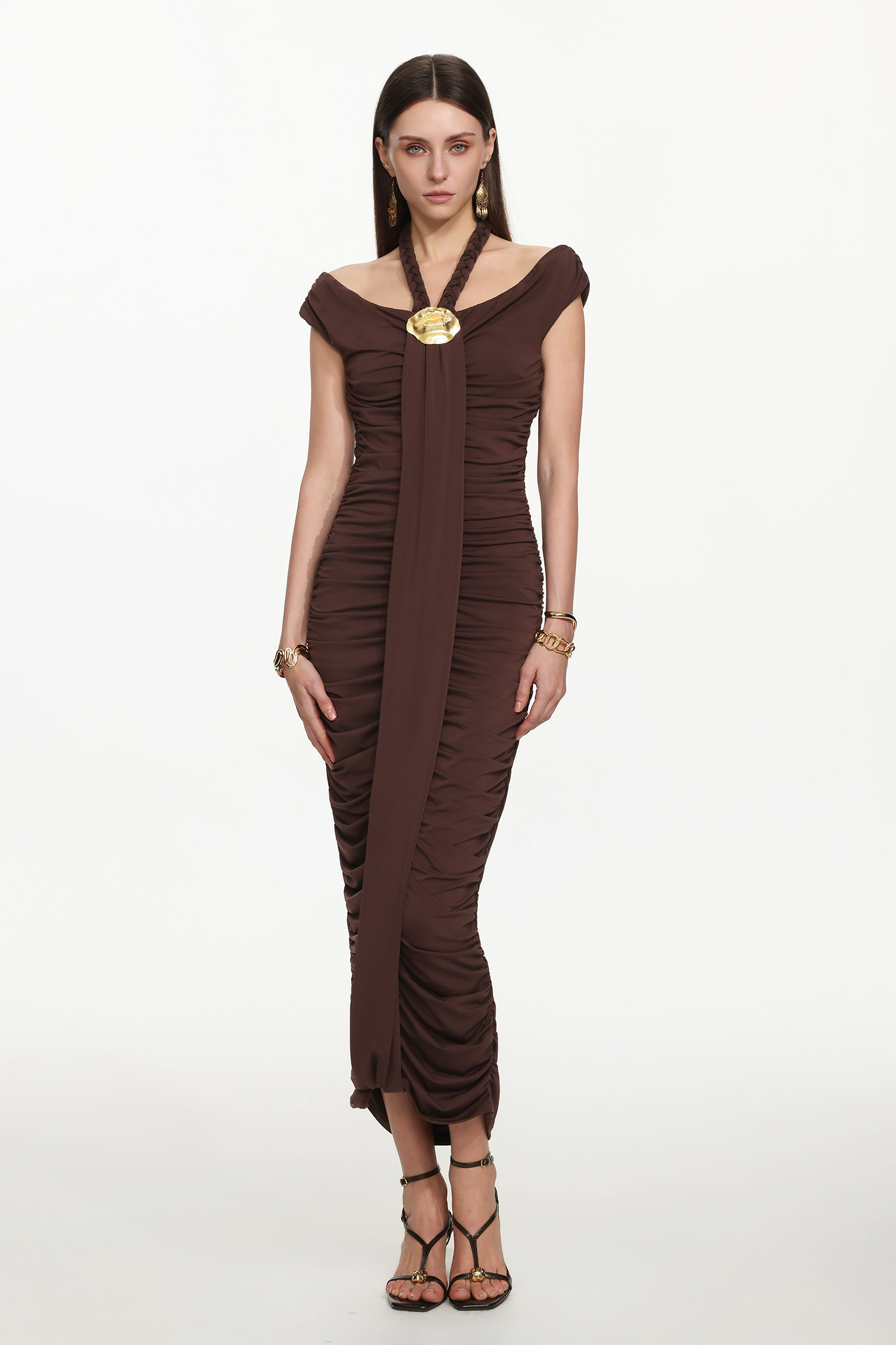 Devere Elegant Contour Sleeveless Ruched Knit Brown Maxi Dress