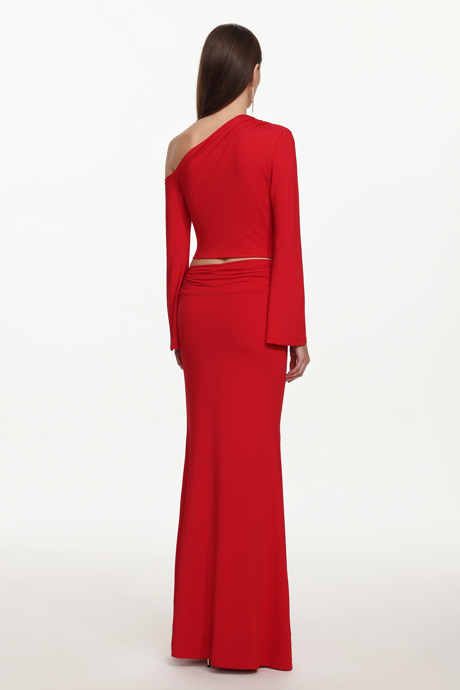 Fayie Romantic Contour One Shoulder Long Sleeve Floral Hardware Top and Skirt Set