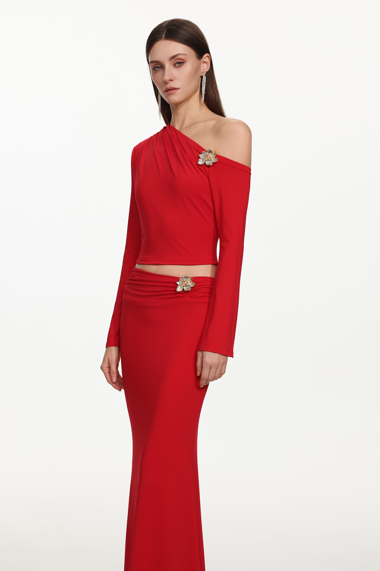 Fayie Romantic Contour One Shoulder Long Sleeve Floral Hardware Top and Skirt Set