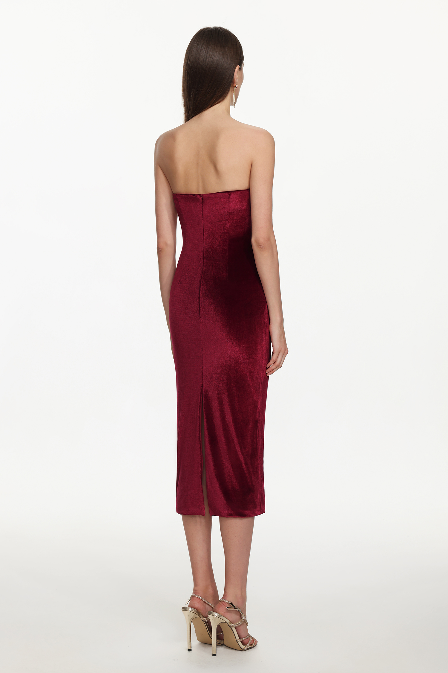 Yamia Romantic Contour Strapless Ruched Velvet Maxi Dress