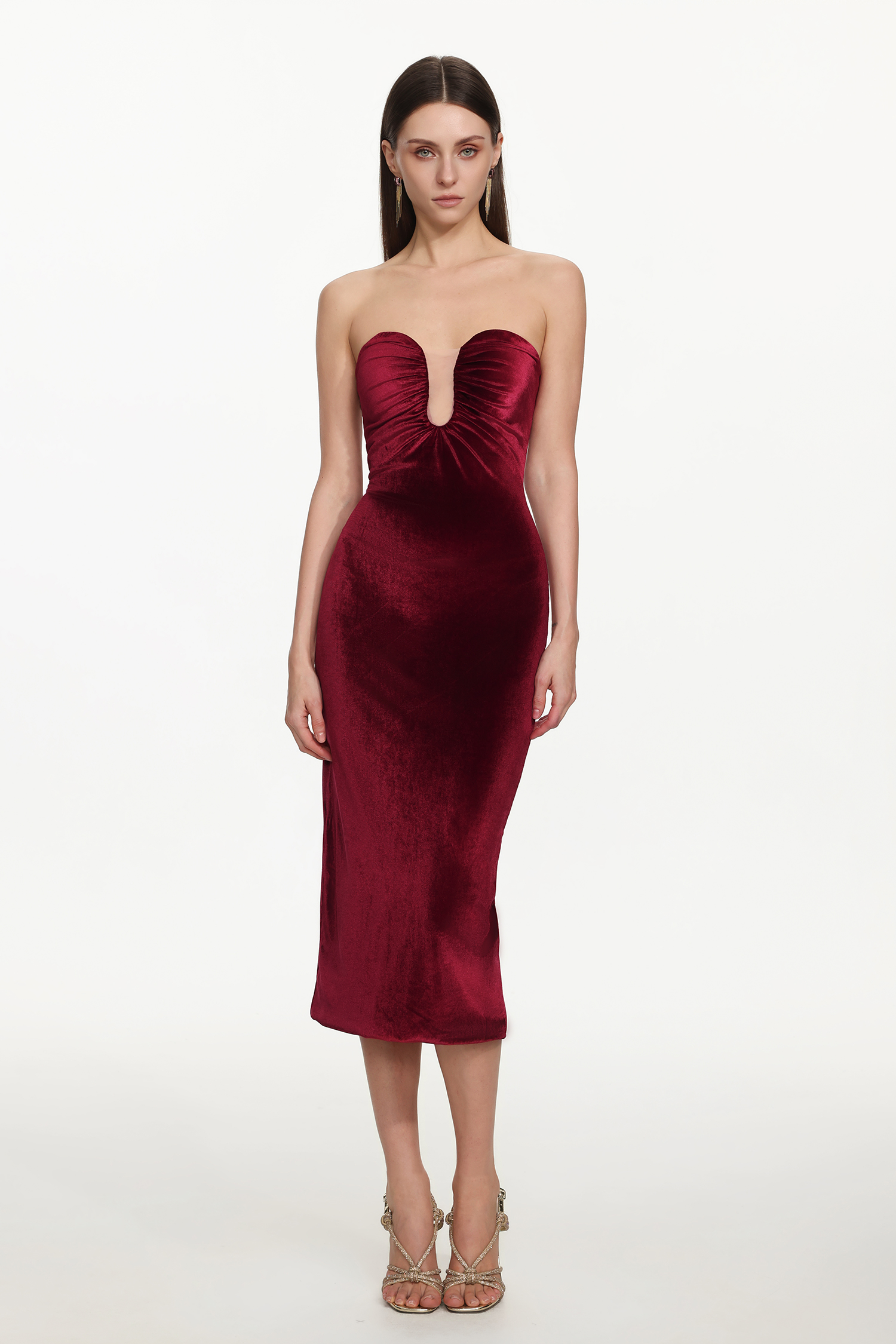 Yamia Romantic Contour Strapless Ruched Velvet Maxi Dress