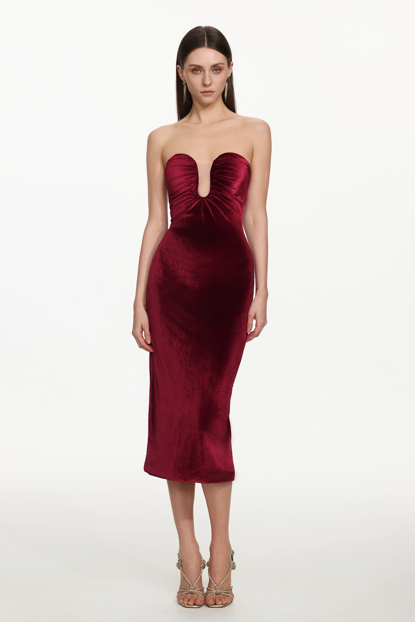 Yamia Romantic Contour Strapless Ruched Velvet Maxi Dress
