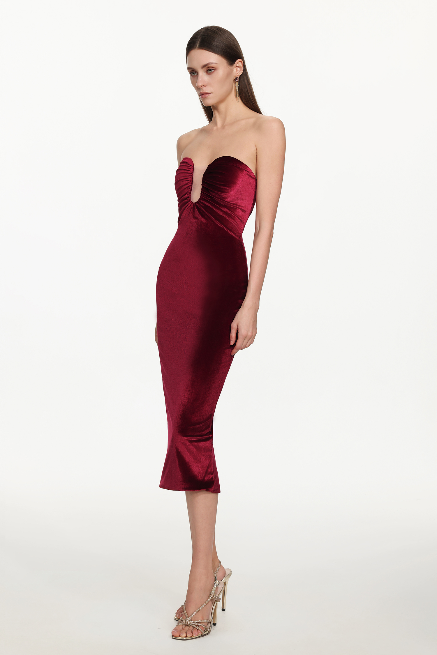 Yamia Romantic Contour Strapless Ruched Velvet Maxi Dress
