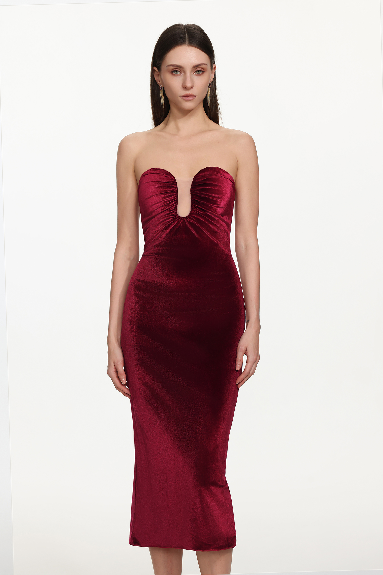Yamia Romantic Contour Strapless Ruched Velvet Maxi Dress