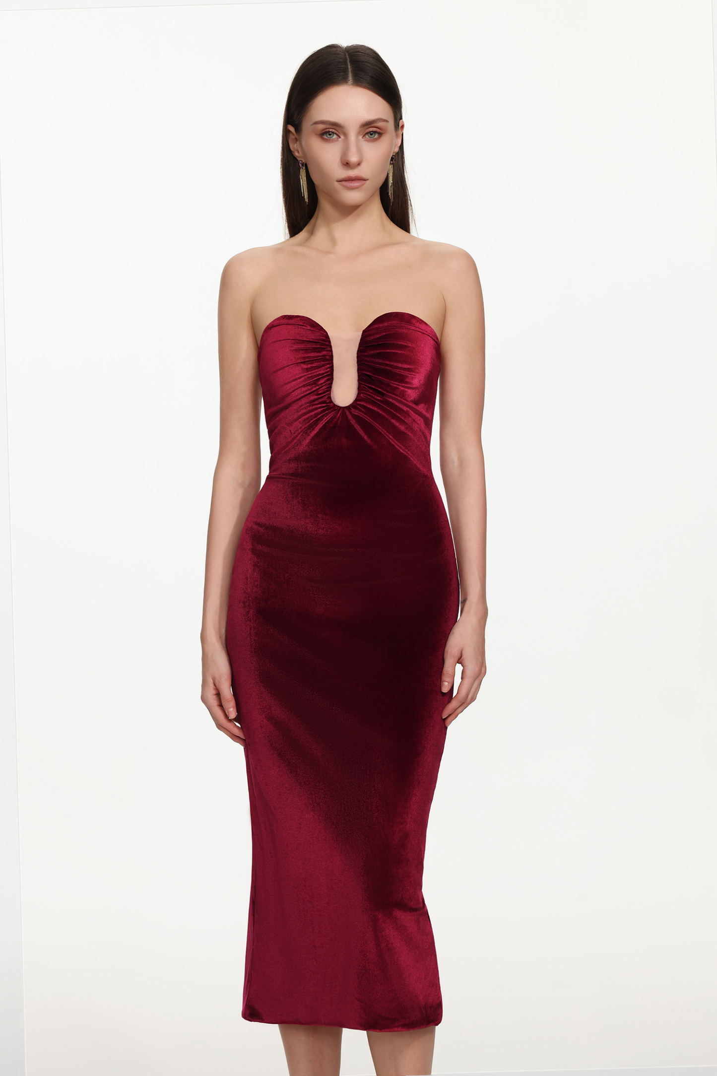 Yamia Romantic Contour Strapless Ruched Velvet Maxi Dress