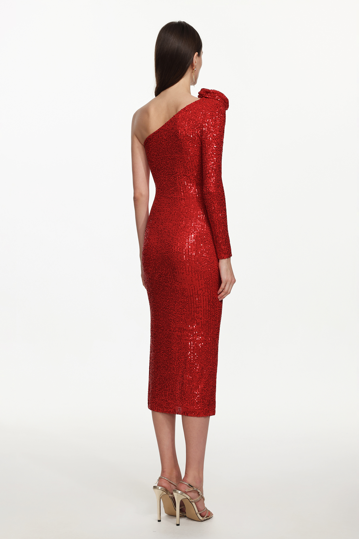 Helene Romantic Contour One Shoulder Long Sleeve Floral Sequin Maxi Dress