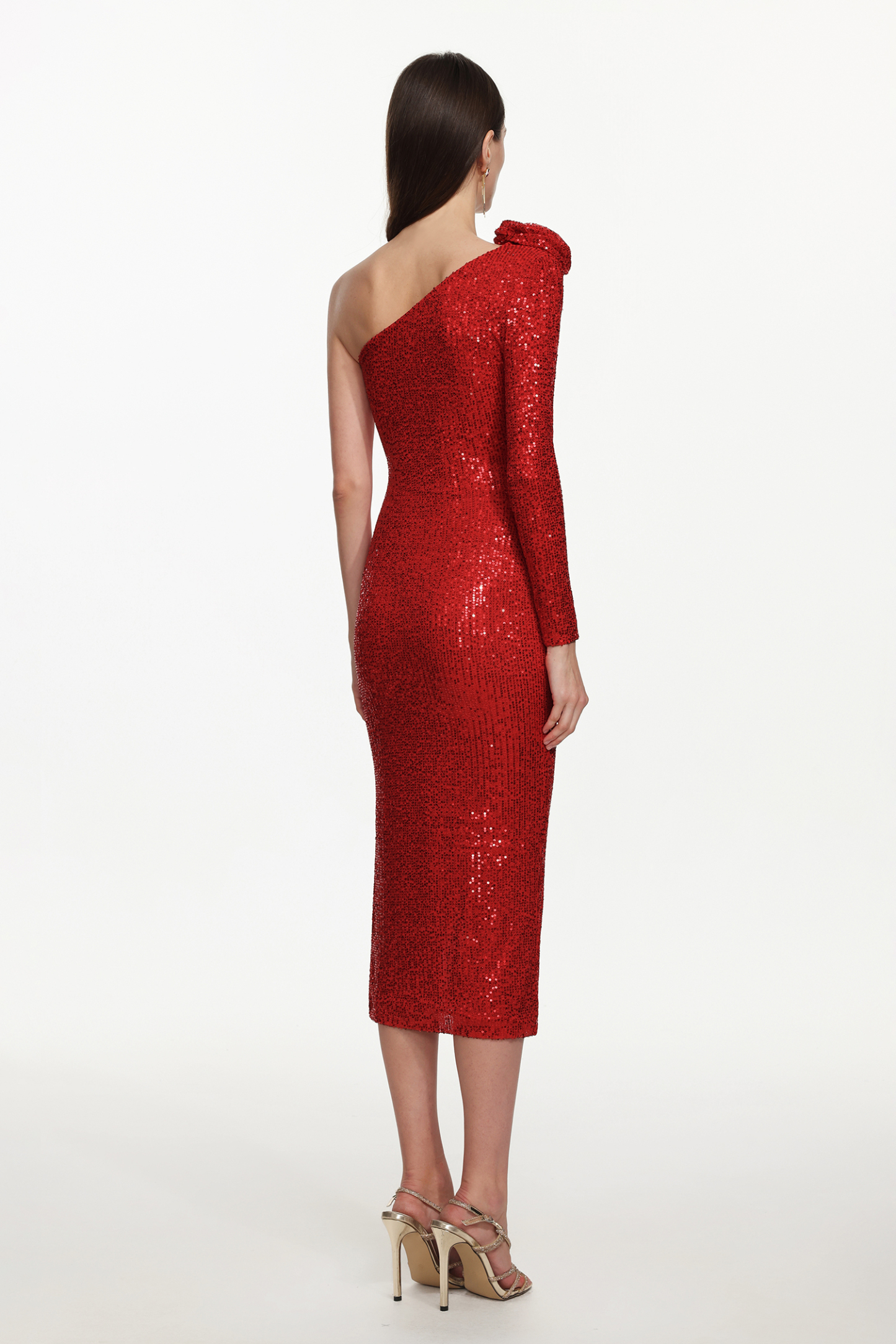 Helene Romantic Contour One Shoulder Long Sleeve Floral Sequin Maxi Dress