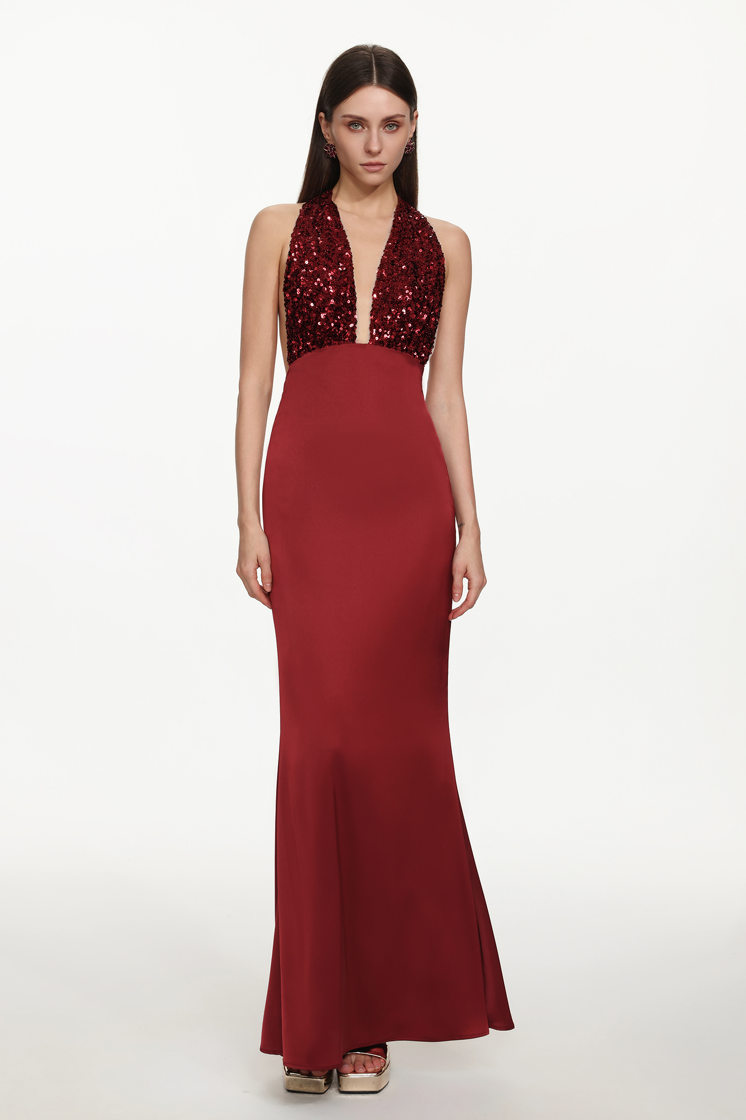 Elora Romantic Contour Deep V Halter Sequin Maxi Dress