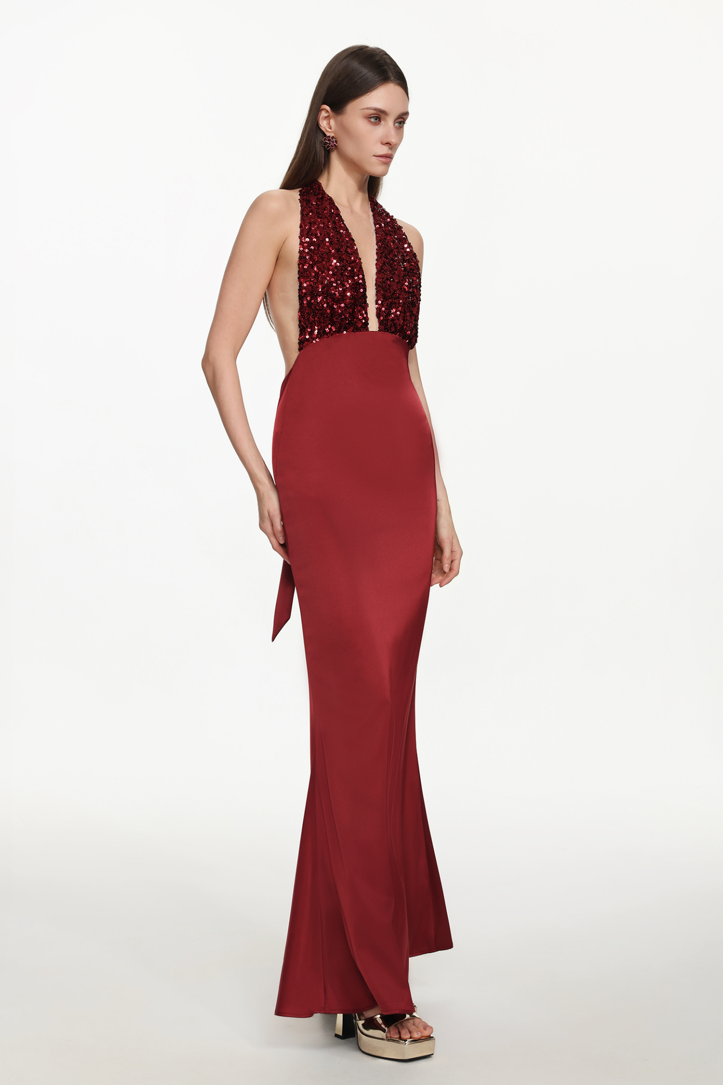 Elora Romantic Contour Deep V Halter Sequin Maxi Dress