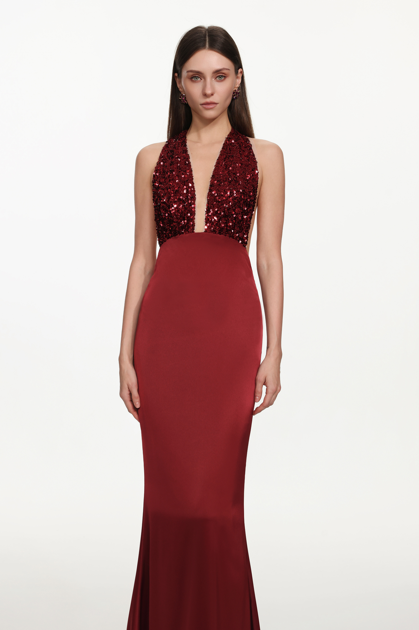 Elora Romantic Contour Deep V Halter Sequin Maxi Dress