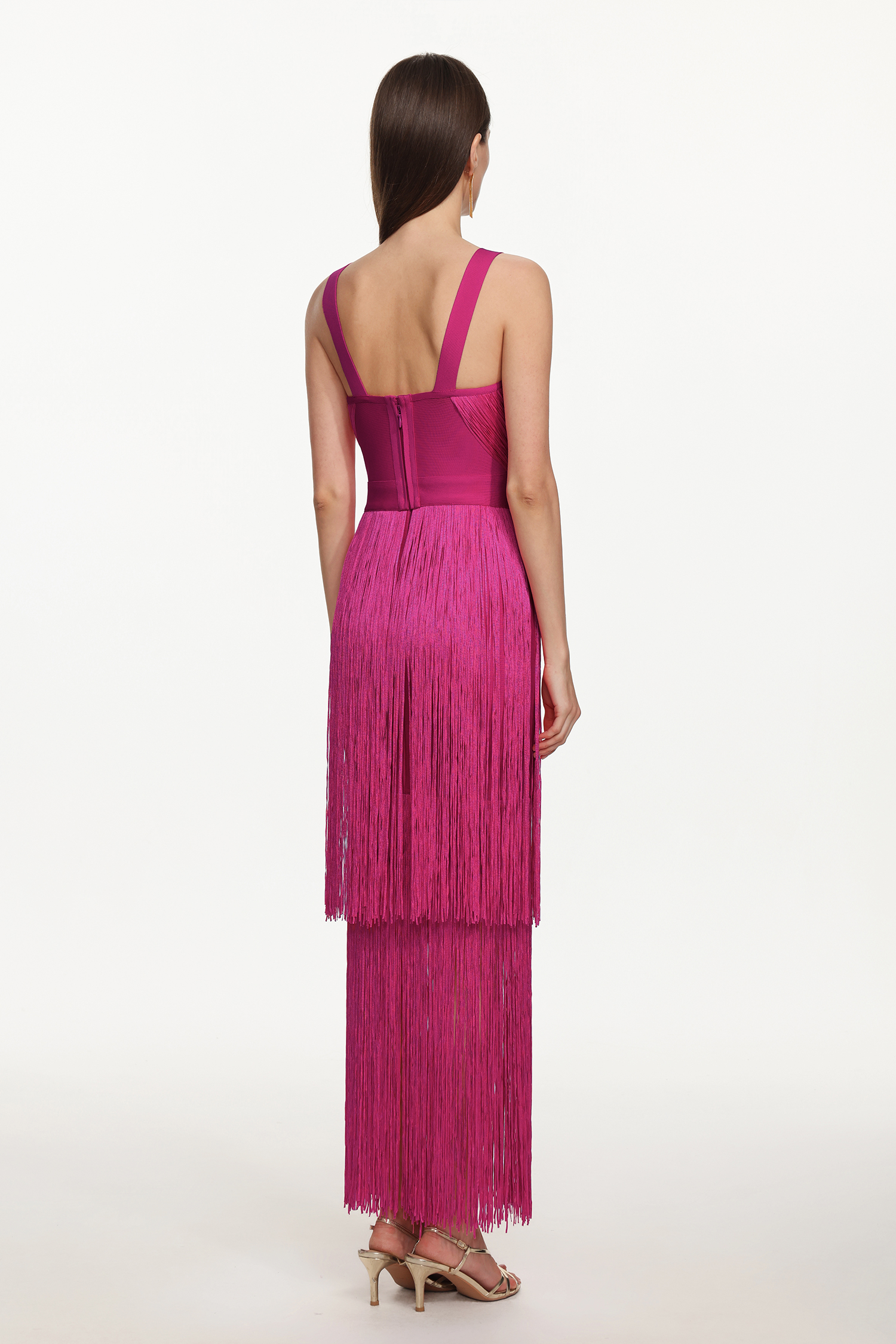 Fritia Glamorous Contour V Neck Sleeveless Fringe Bandage Maxi Dress