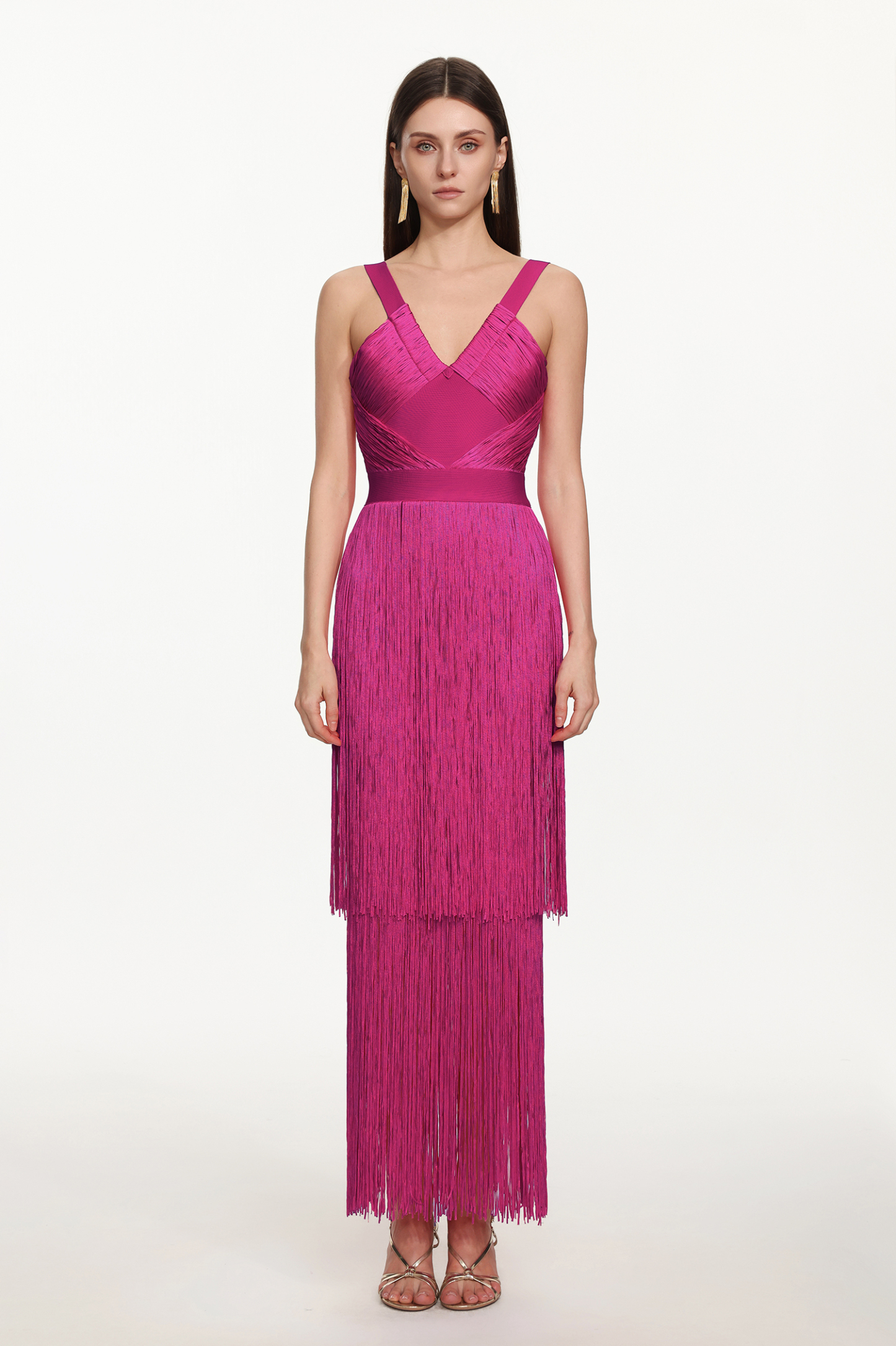 Fritia Glamorous Contour V Neck Sleeveless Fringe Bandage Maxi Dress