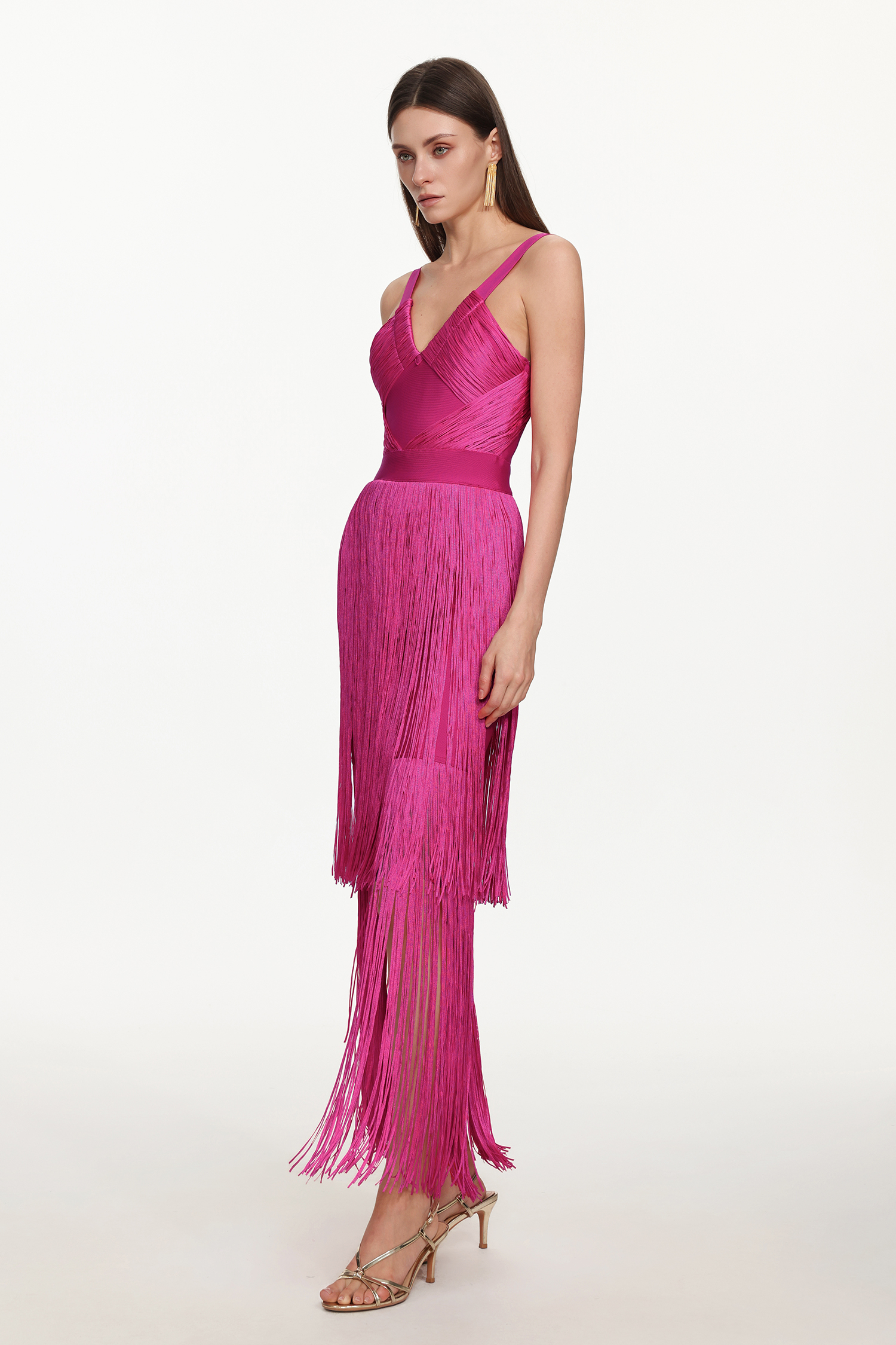 Fritia Glamorous Contour V Neck Sleeveless Fringe Bandage Maxi Dress