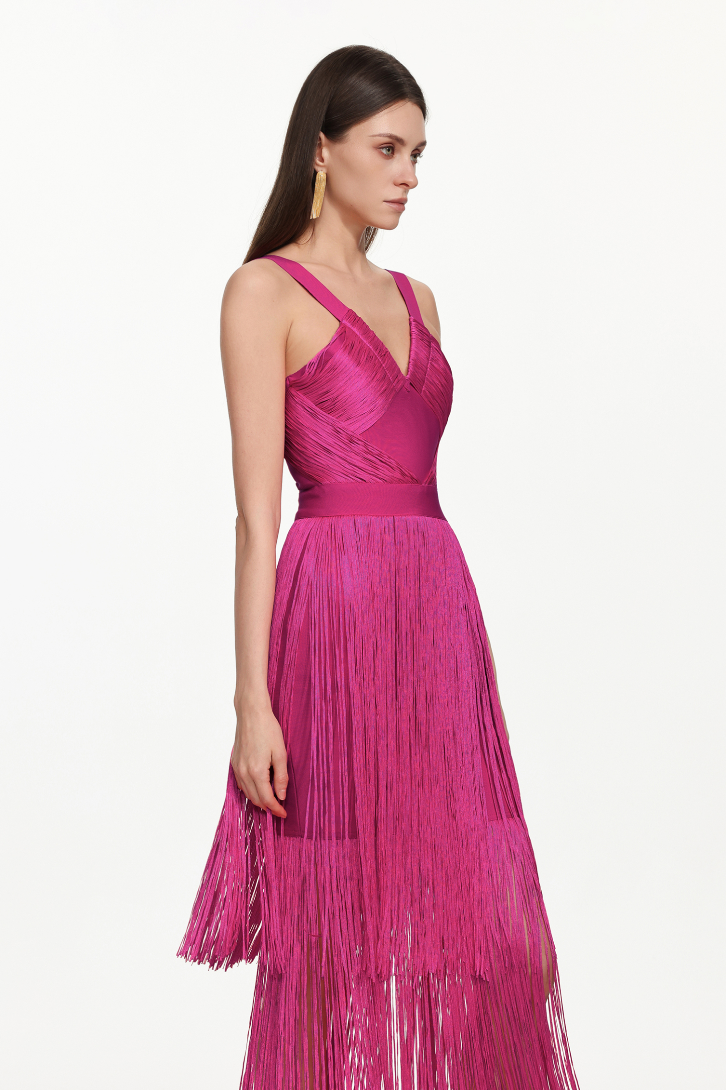 Fritia Glamorous Contour V Neck Sleeveless Fringe Bandage Maxi Dress