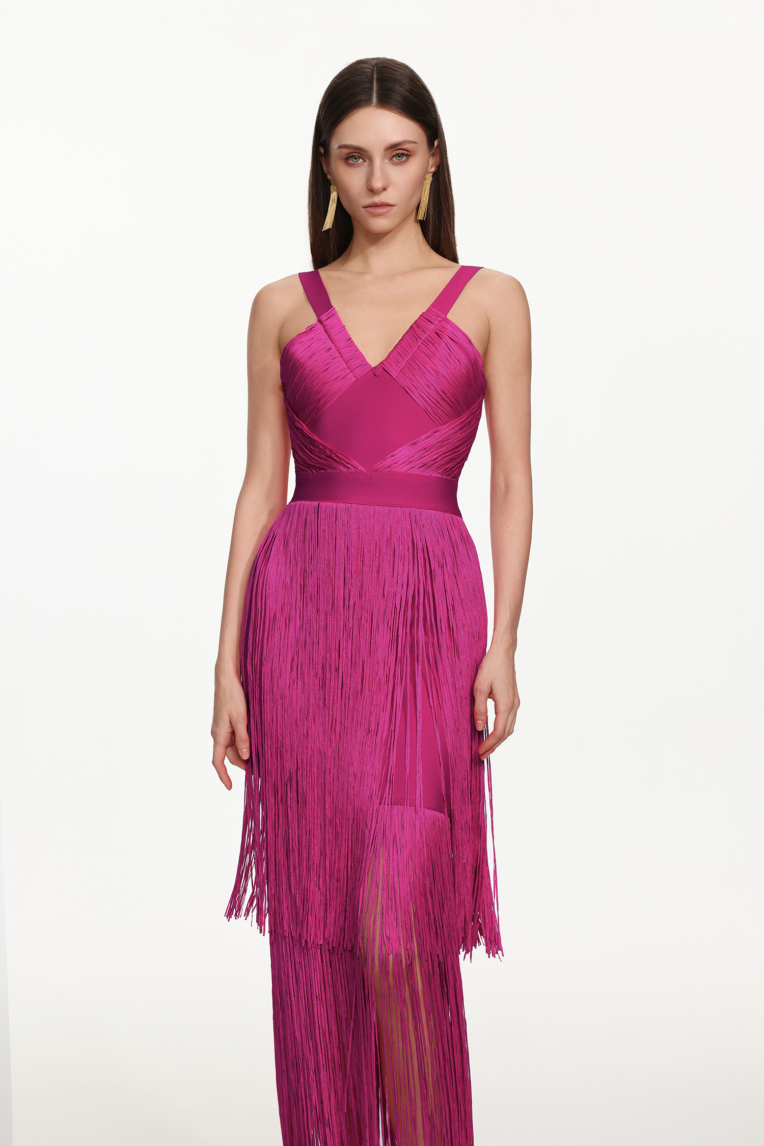 Fritia Glamorous Contour V Neck Sleeveless Fringe Bandage Maxi Dress