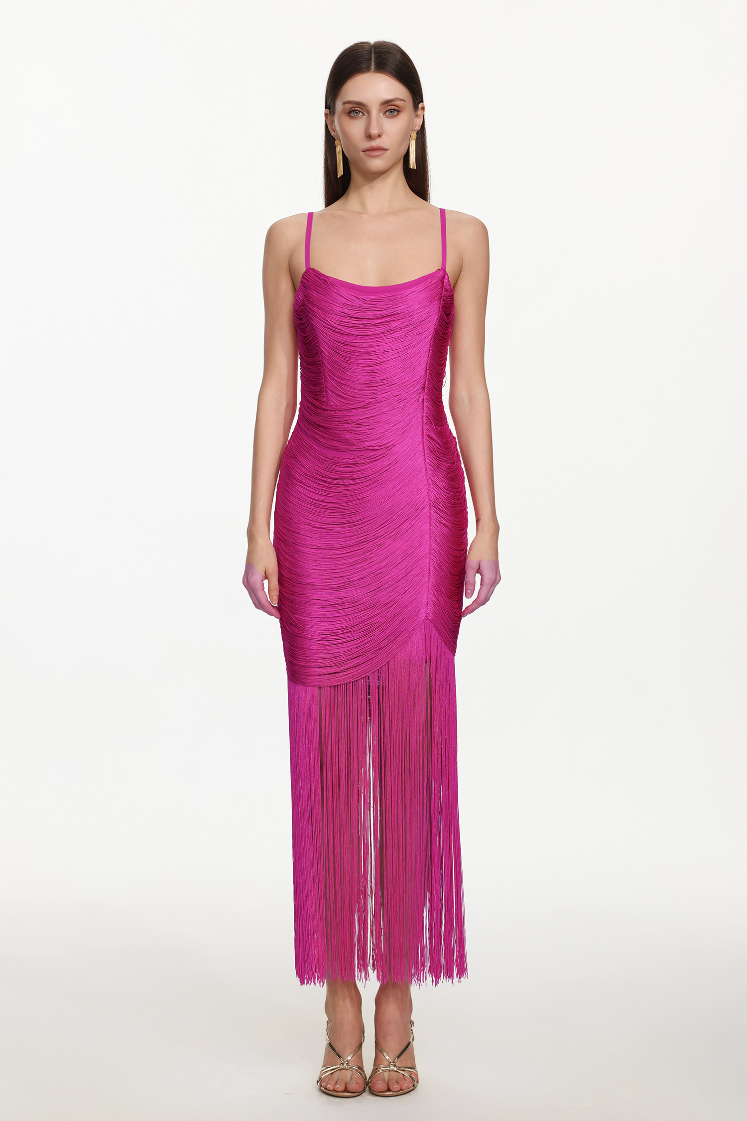 Rexanne Glamorous Contour Sleeveless Fringe Bandage Maxi Dress