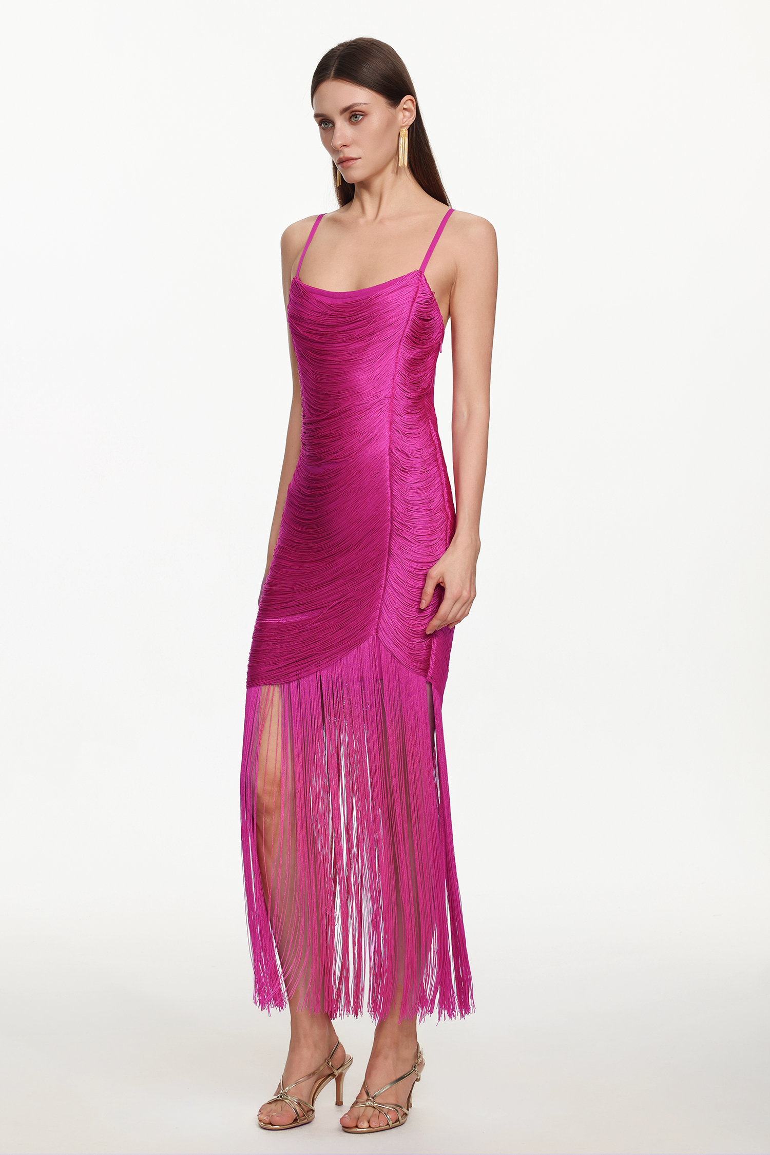 Rexanne Glamorous Contour Sleeveless Fringe Bandage Maxi Dress